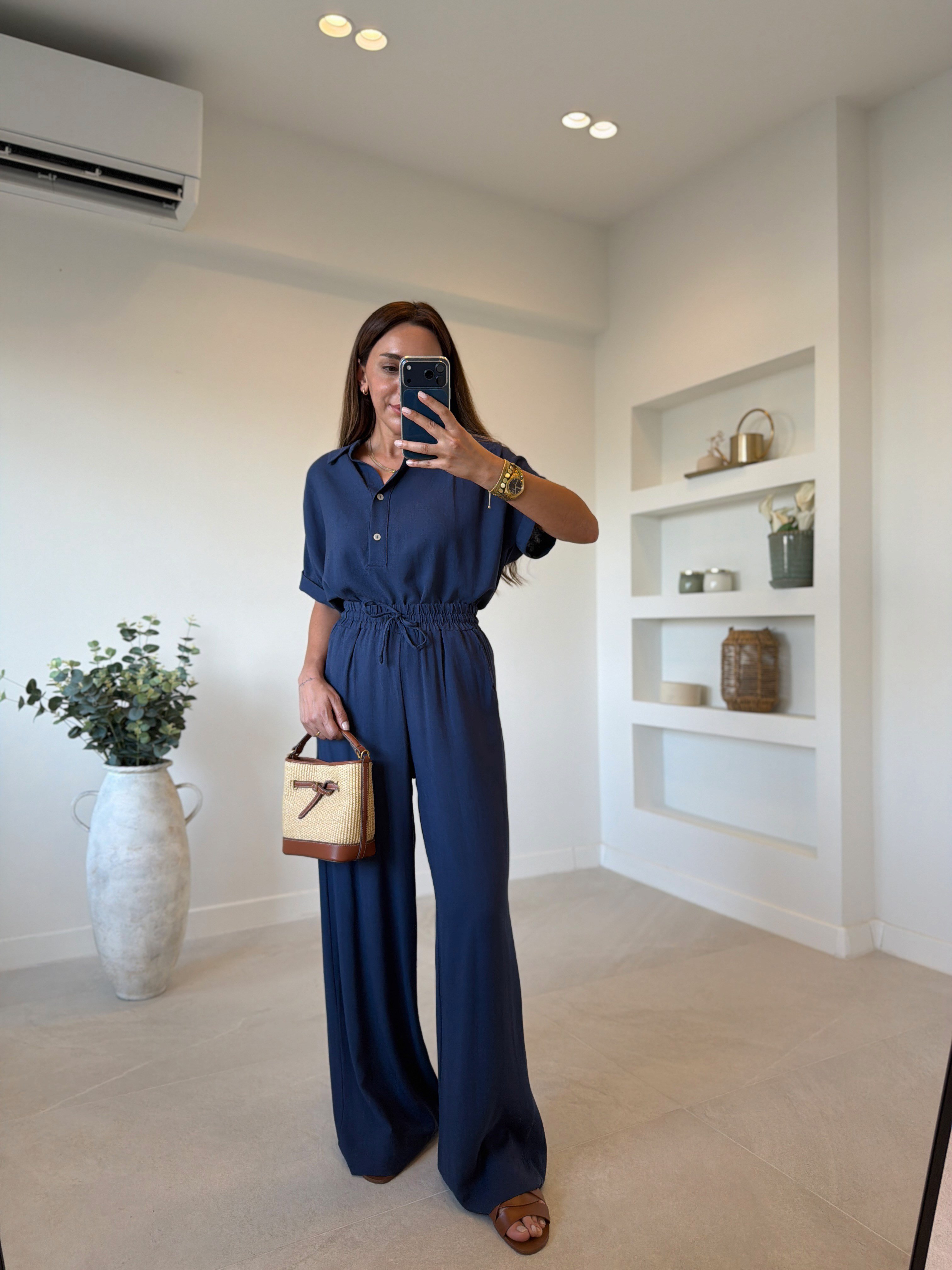 00547 Lacivert Keten Bluz Pantolon Takım