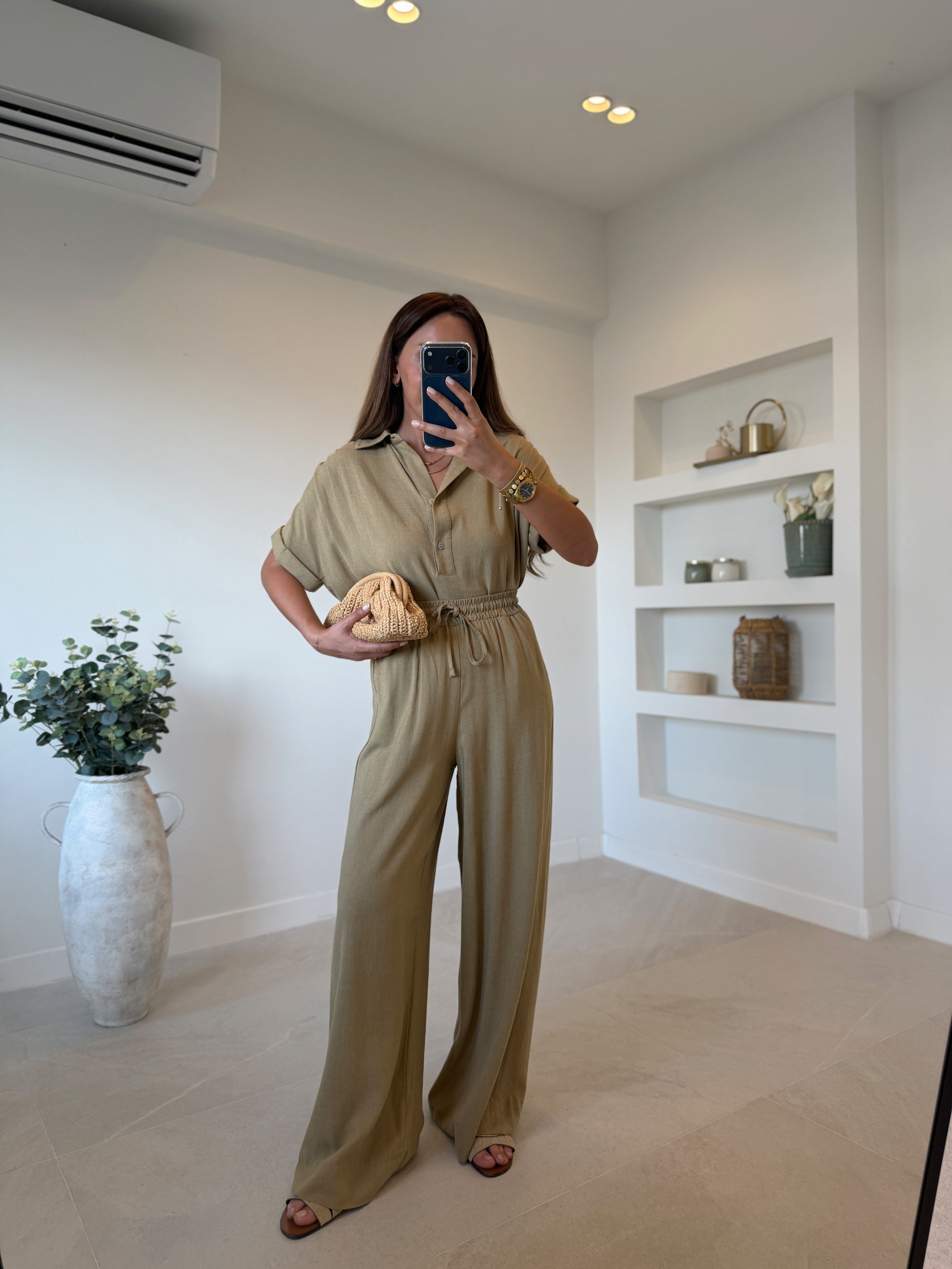 00547 Olive Keten Bluz Pantolon Takım