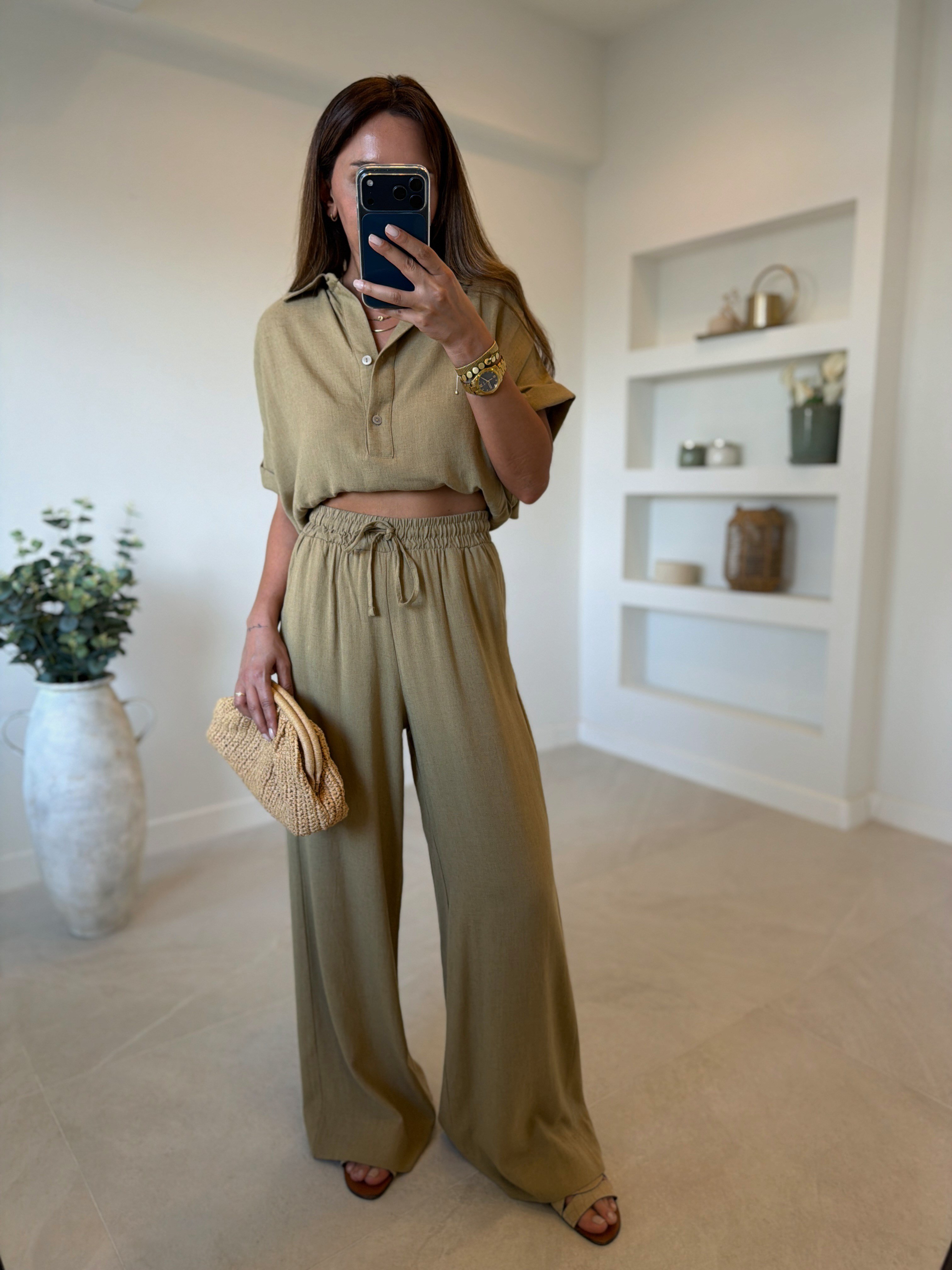 00547 Olive Keten Bluz Pantolon Takım