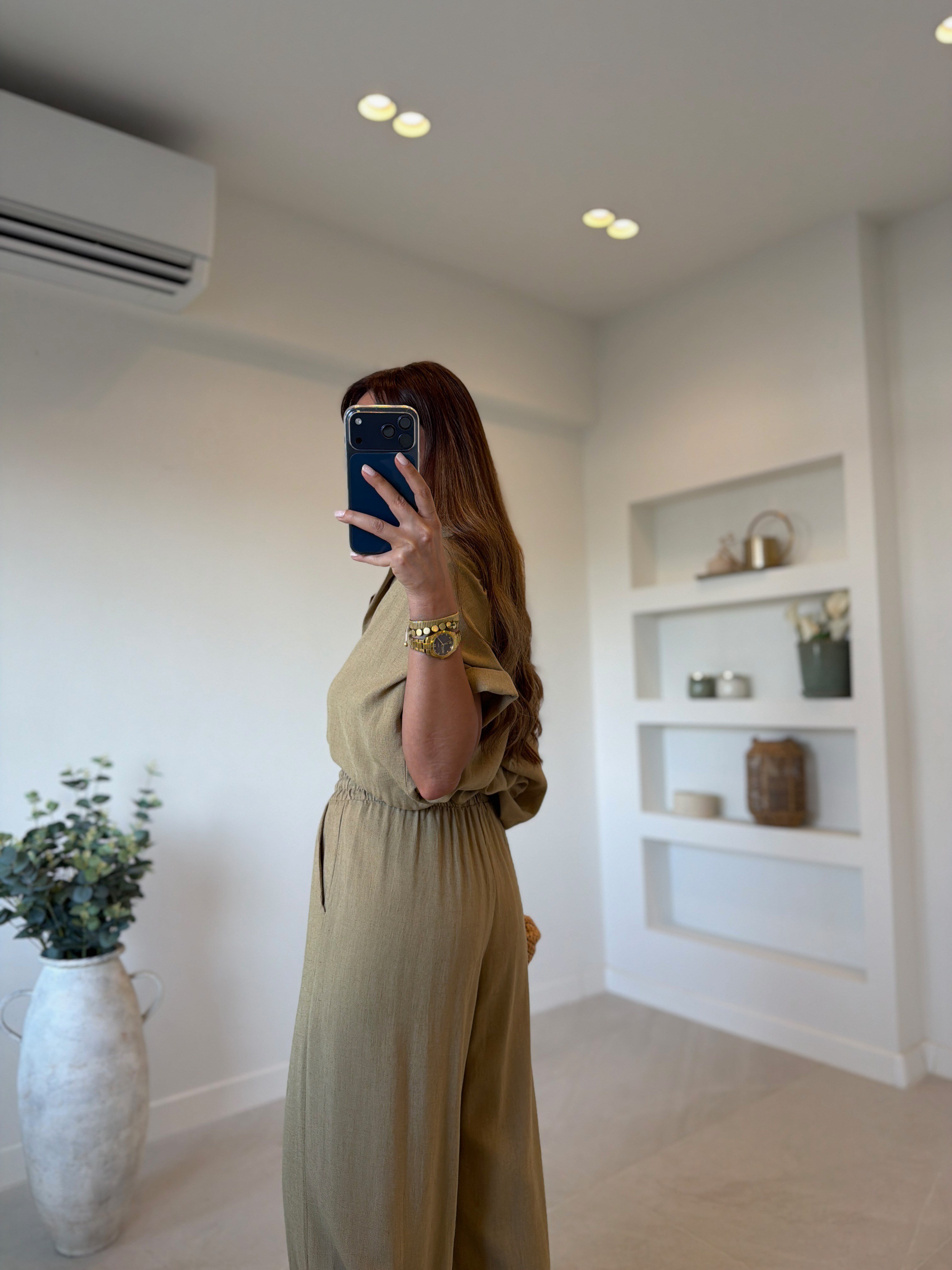 00547 Olive Keten Bluz Pantolon Takım