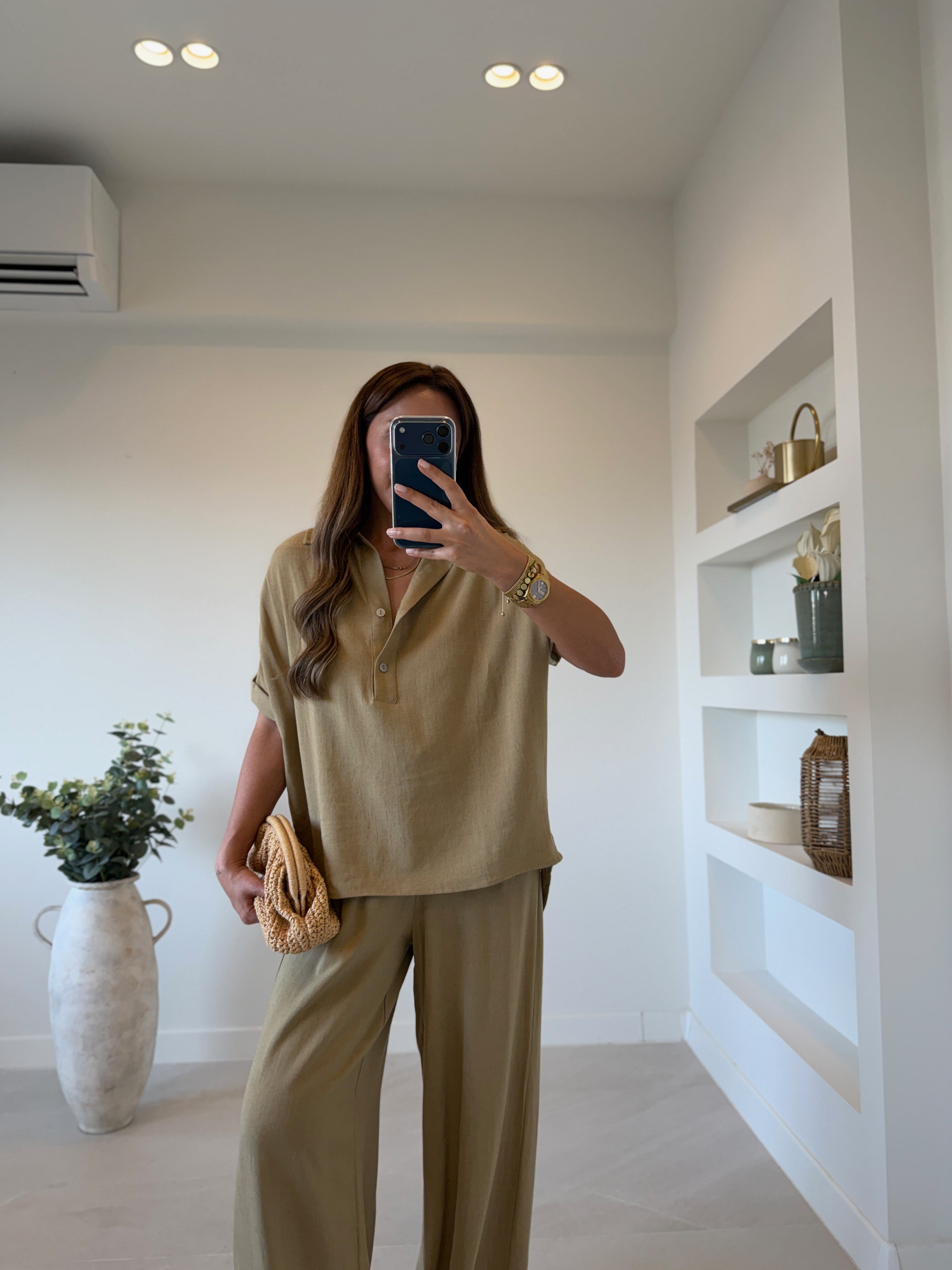 00547 Olive Keten Bluz Pantolon Takım