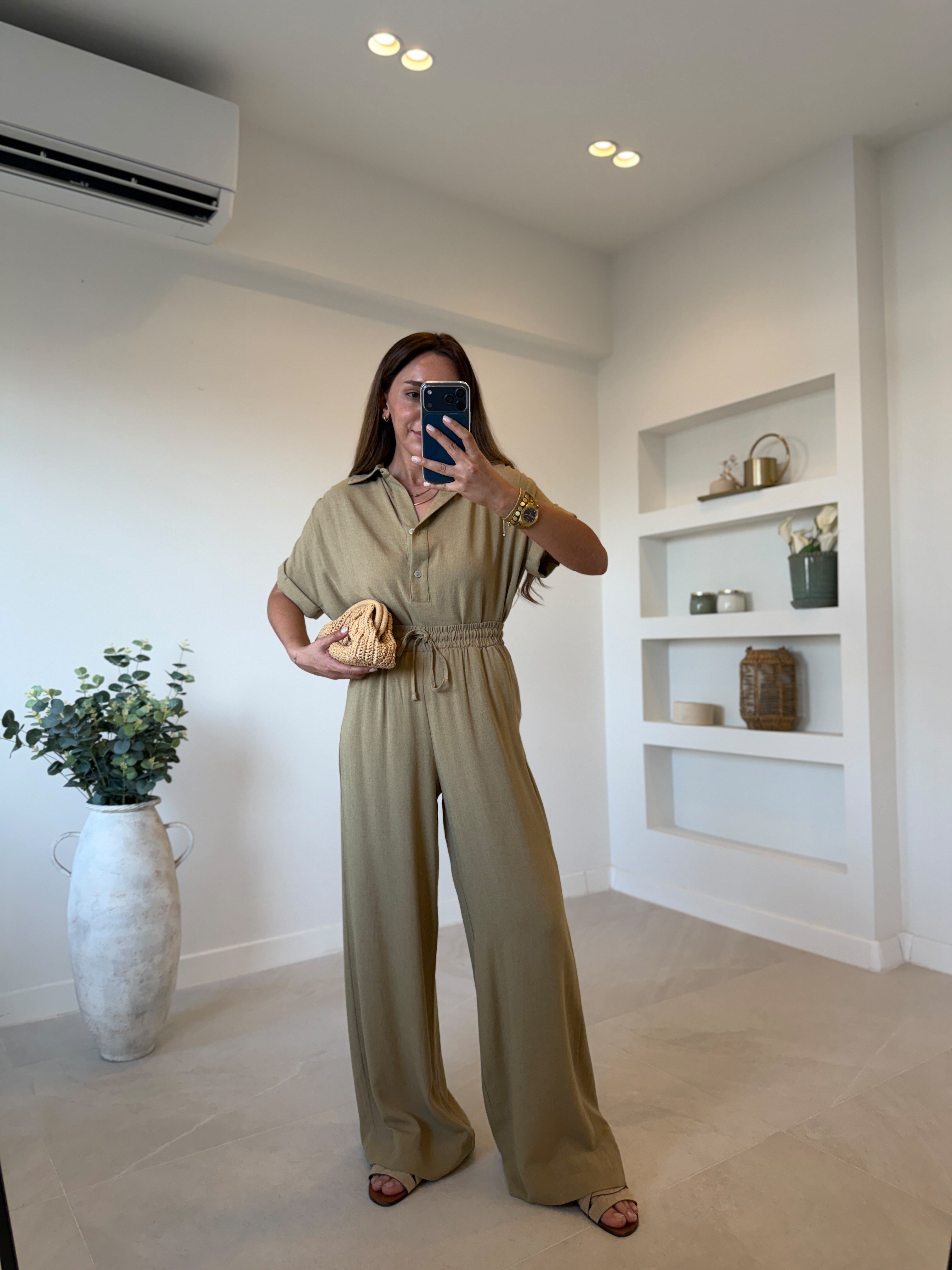 00547 Olive Keten Bluz Pantolon Takım