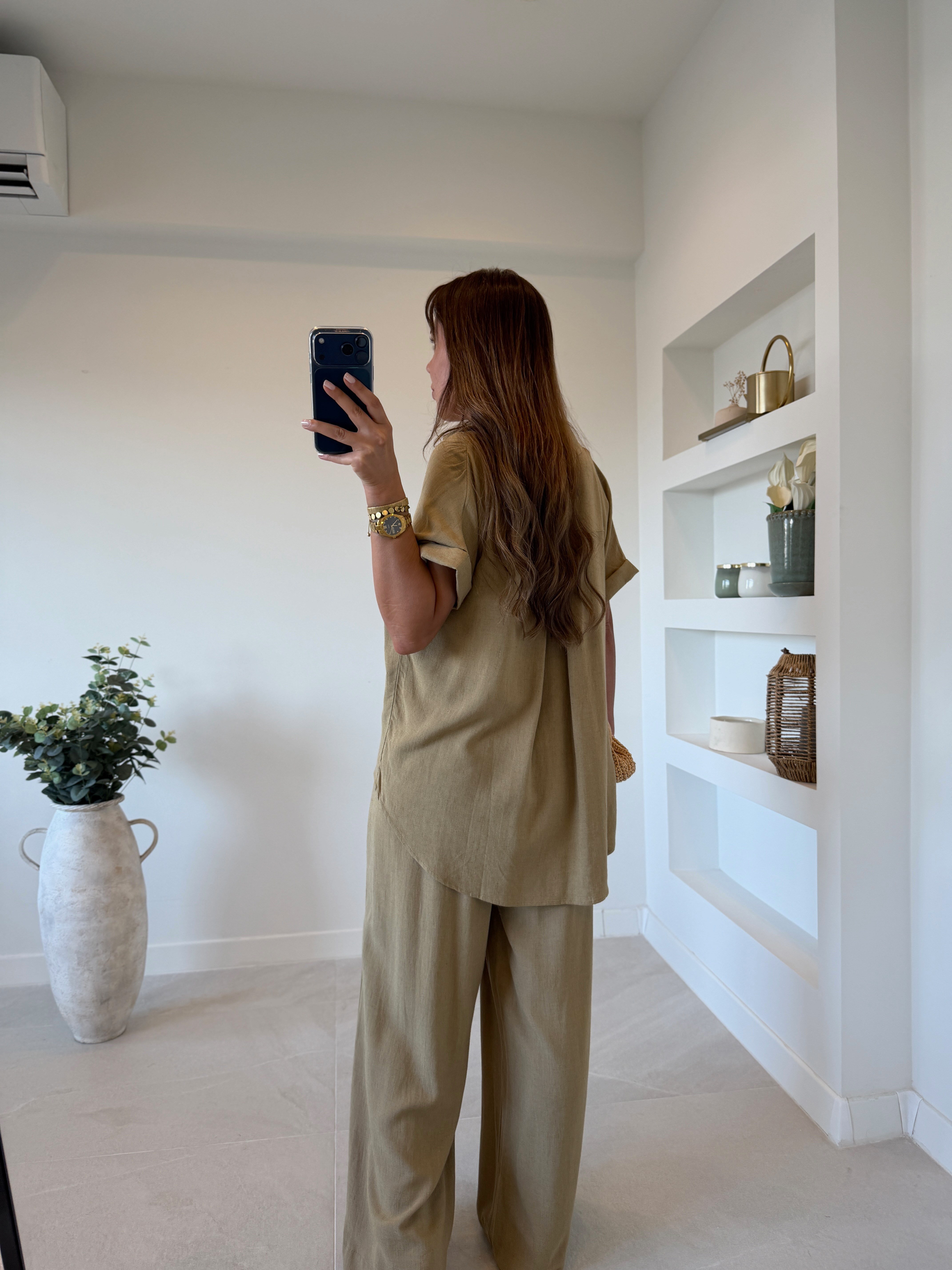 00547 Olive Keten Bluz Pantolon Takım