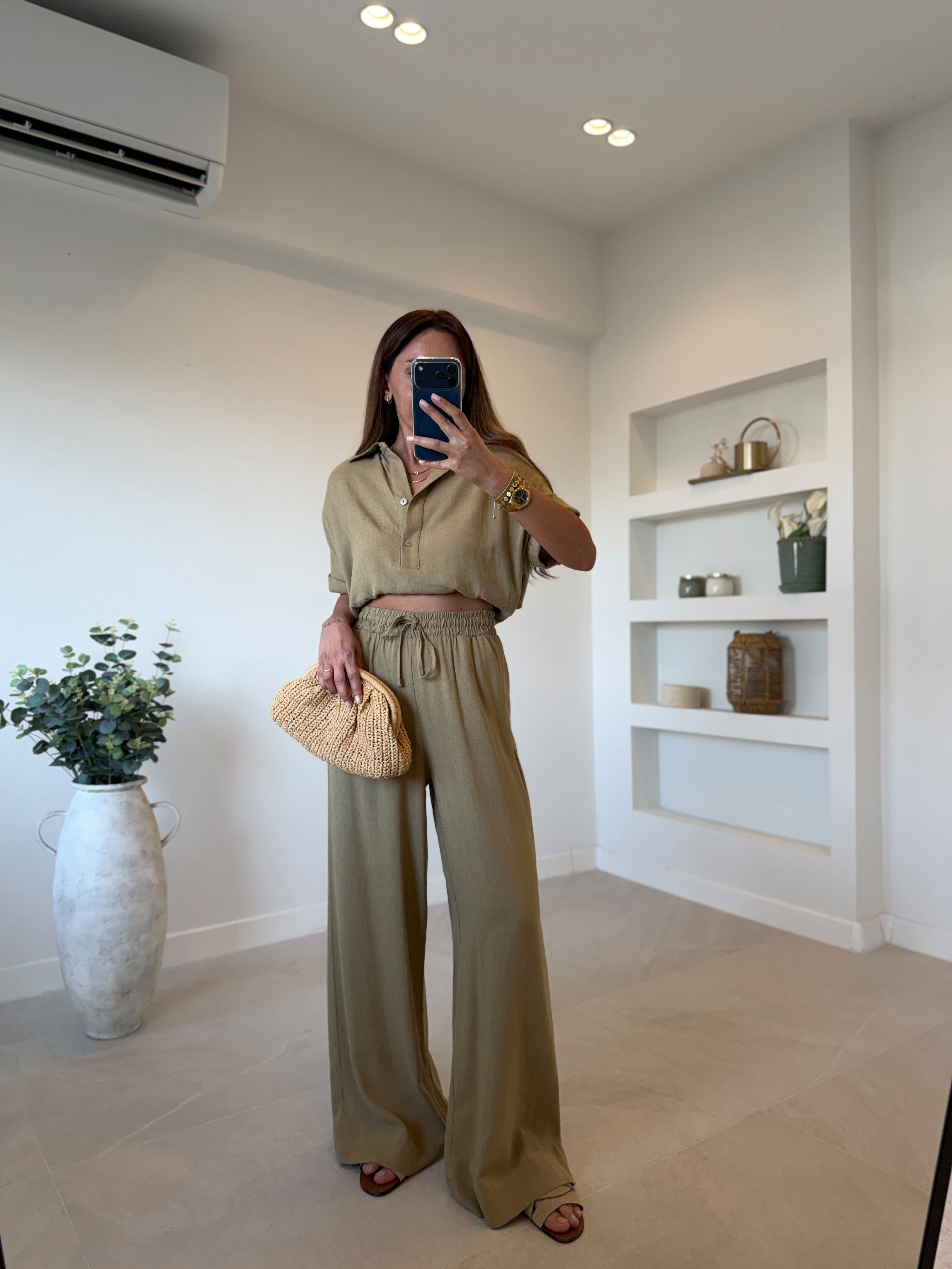 00547 Olive Keten Bluz Pantolon Takım