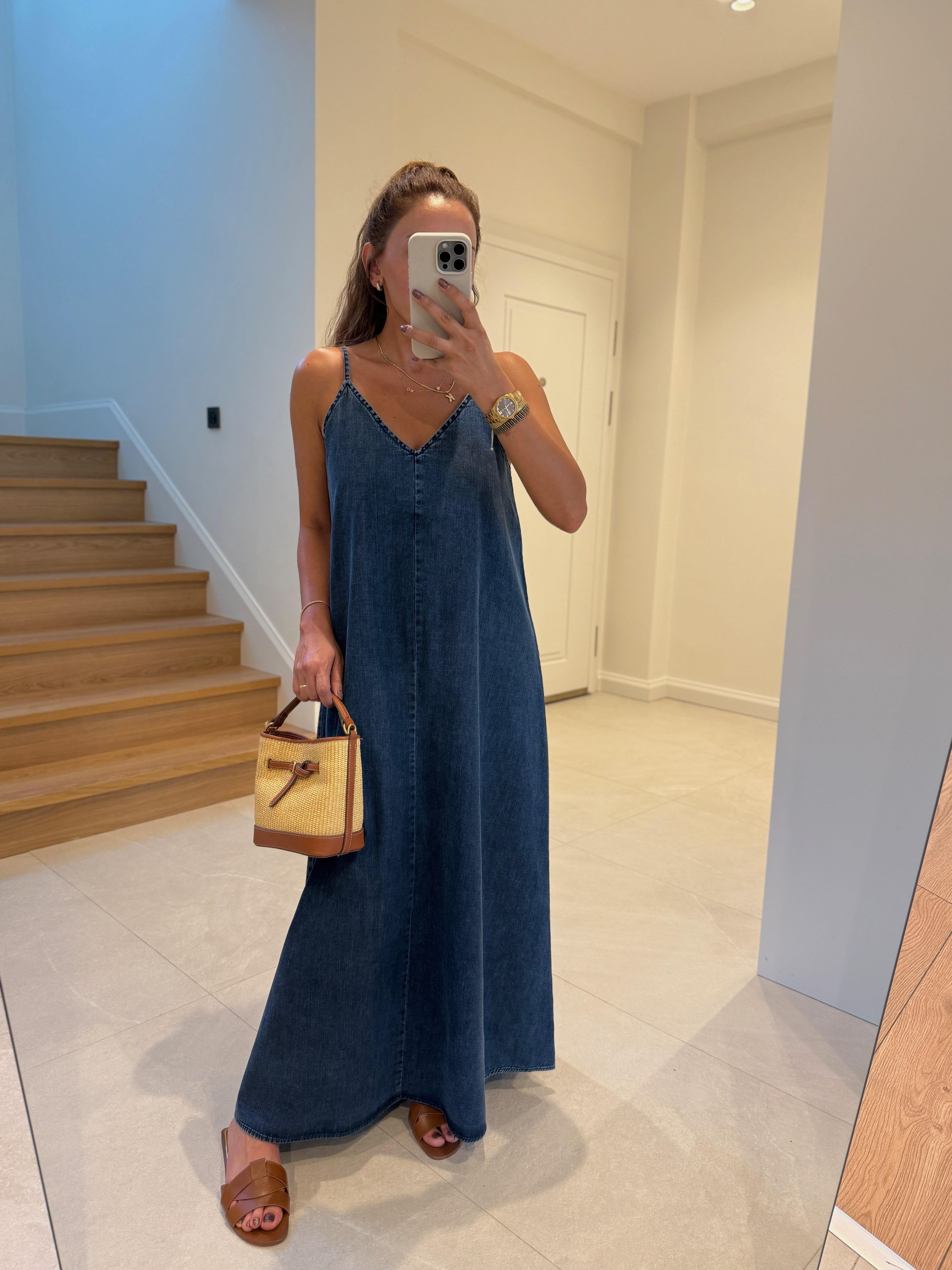 0091 İp Askılı Denim Elbise
