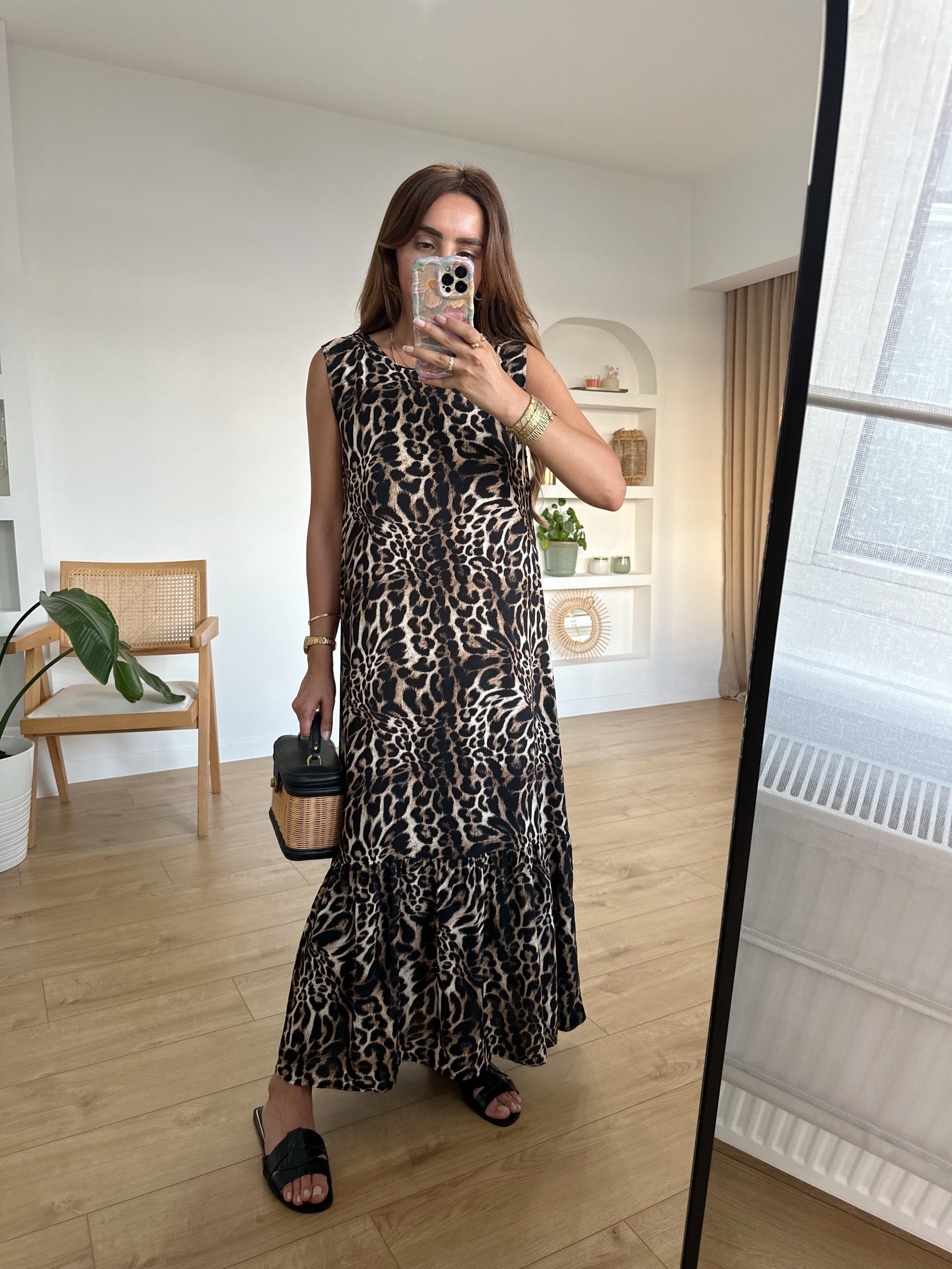 %100 Pamuk Leopar Midi Boy Elbise (Küçük Desenli)
