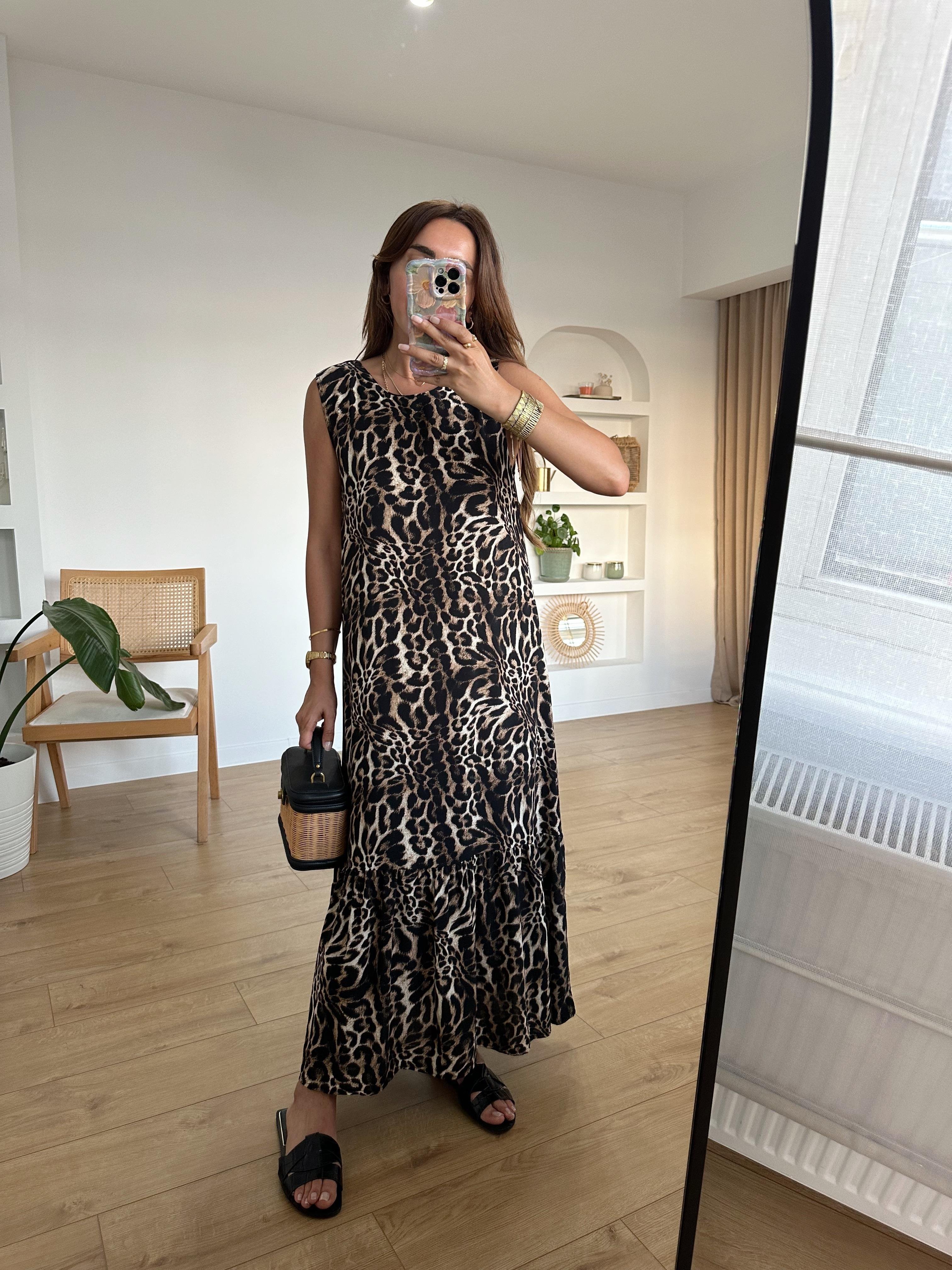 %100 Pamuk Leopar Midi Boy Elbise (Küçük Desenli)