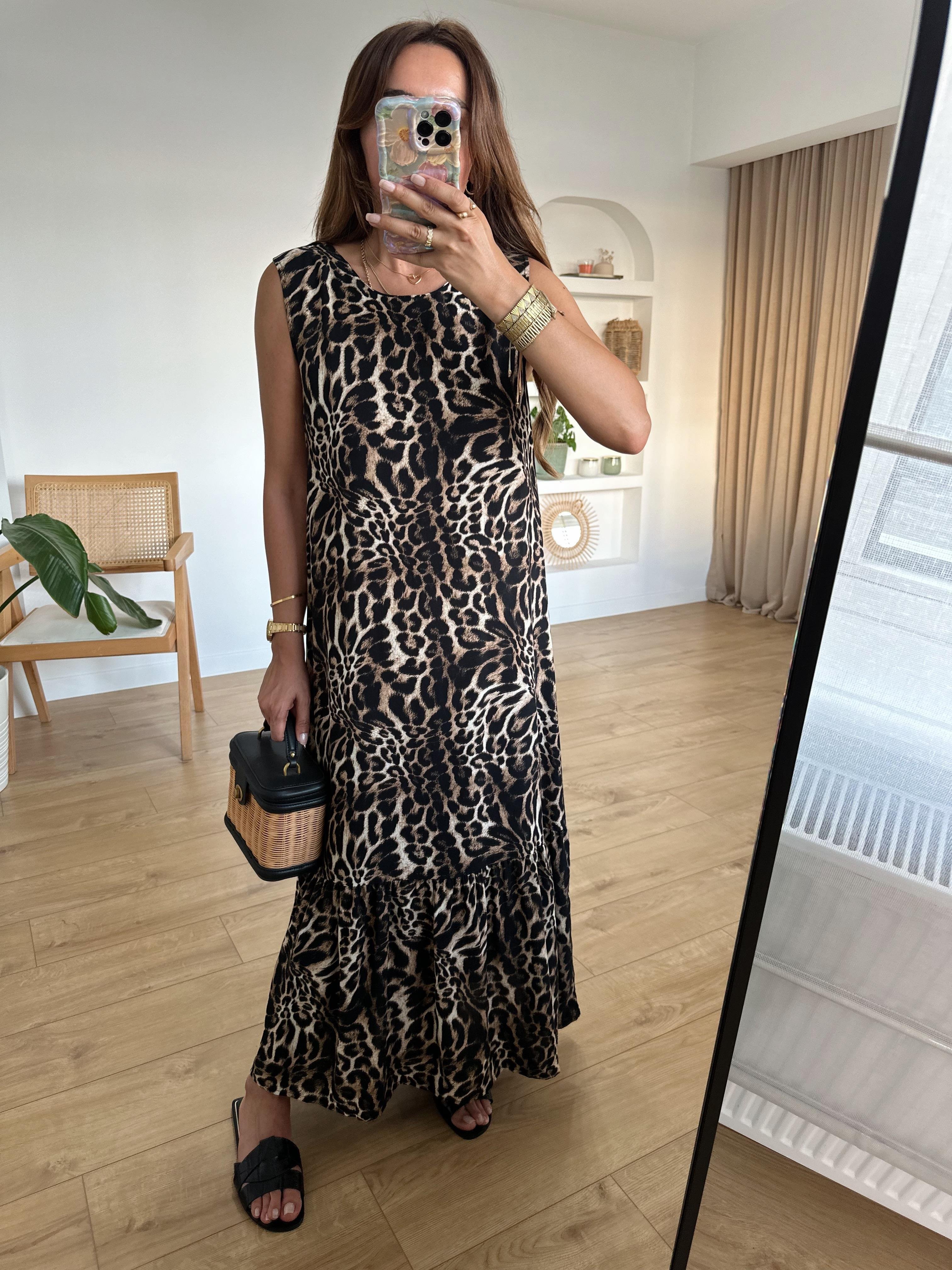 %100 Pamuk Leopar Midi Boy Elbise (Küçük Desenli)