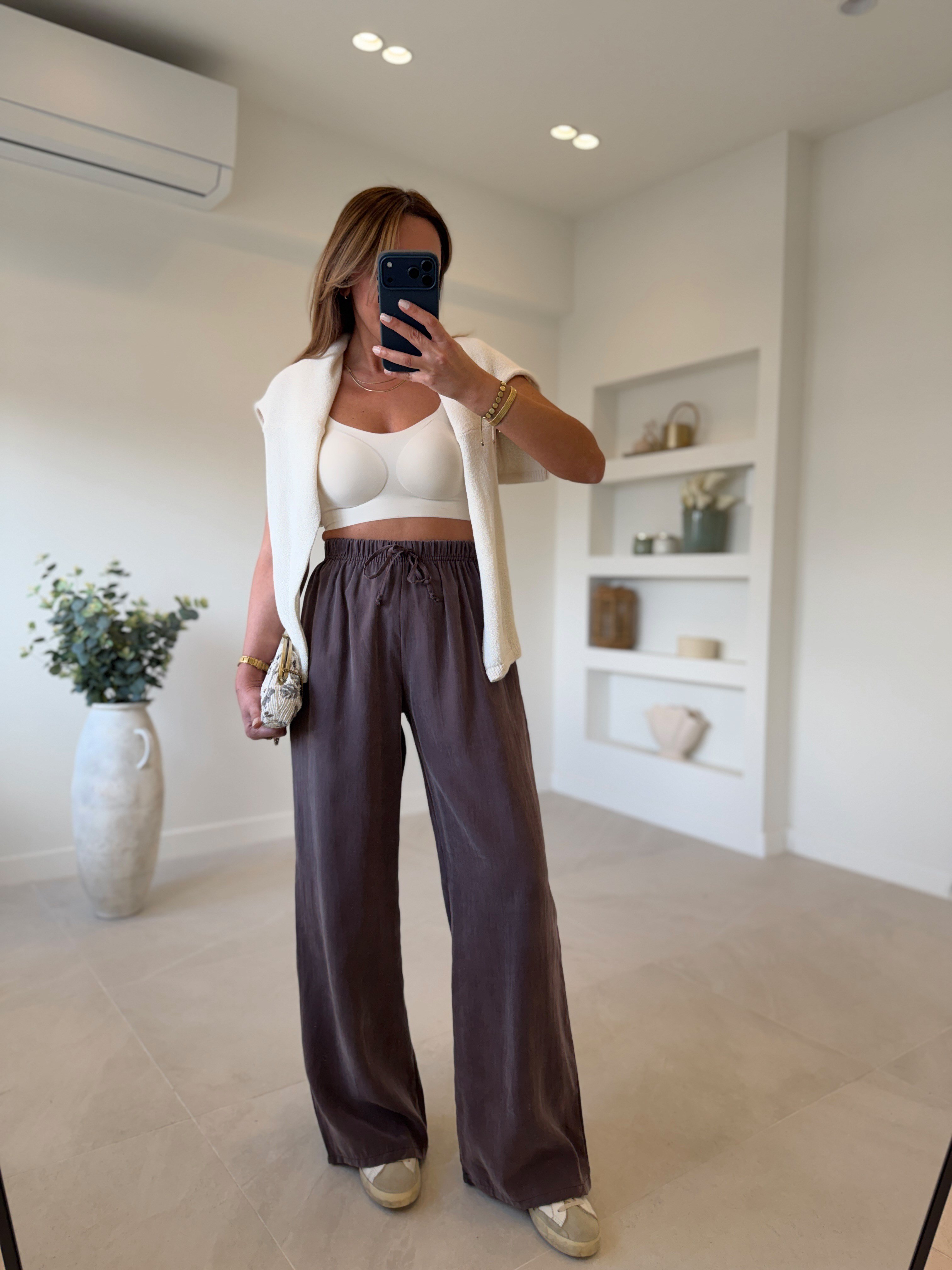 1001 Beli Lastikli Tensel Kahve Pantolon