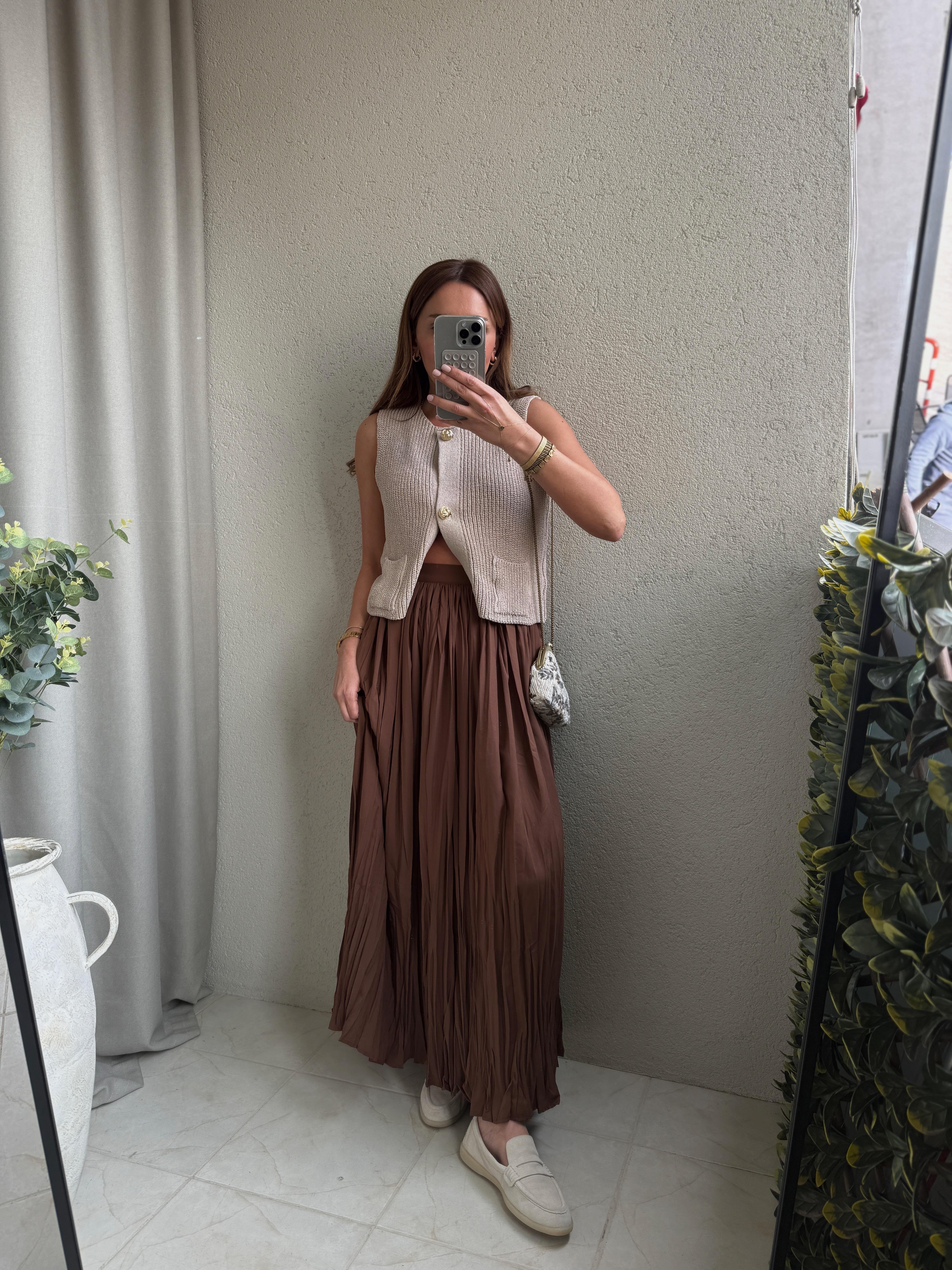 1015 Kraşlı Midi Taba Etek