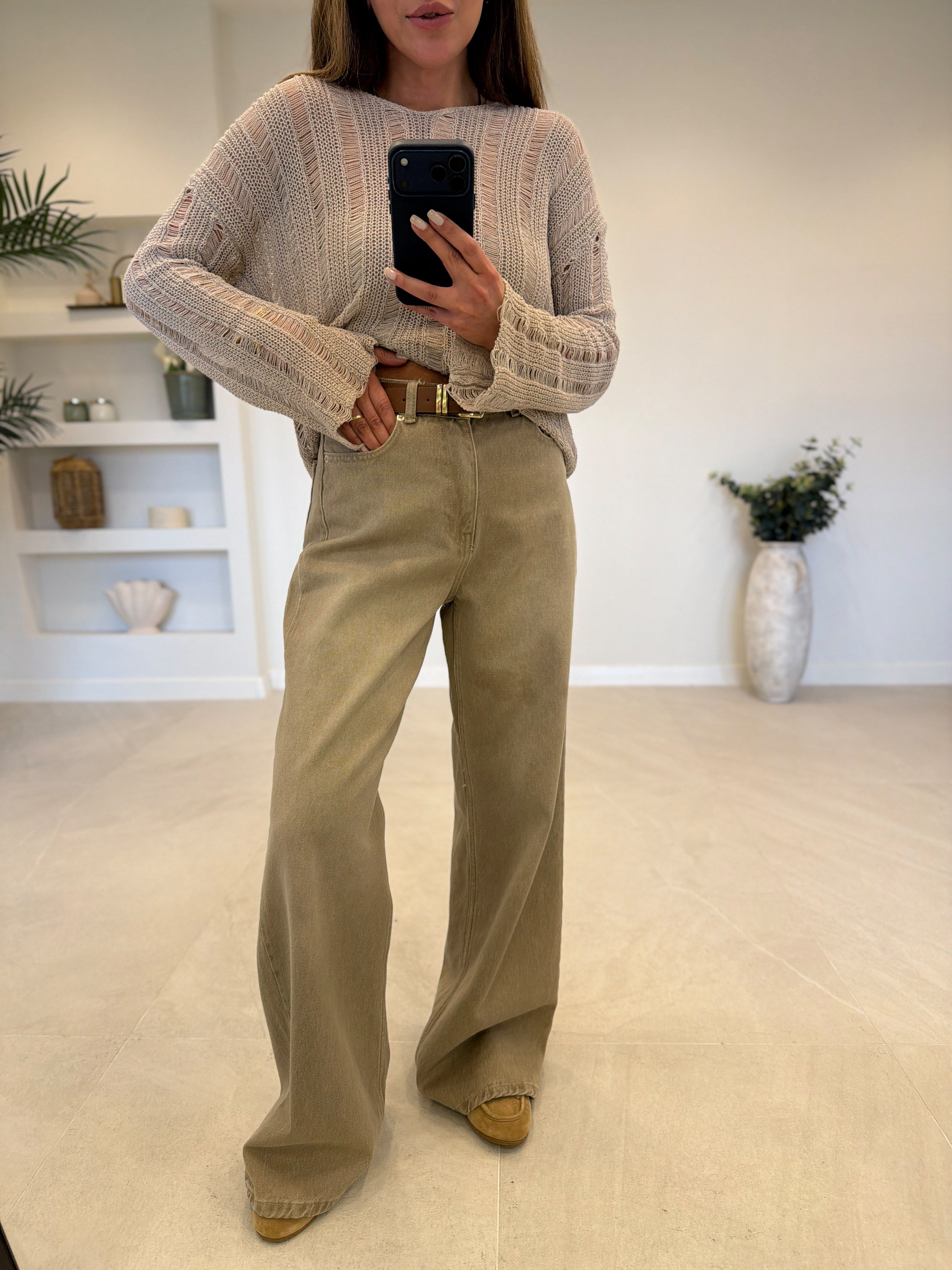 1021 Kemerli Bej Pantolon