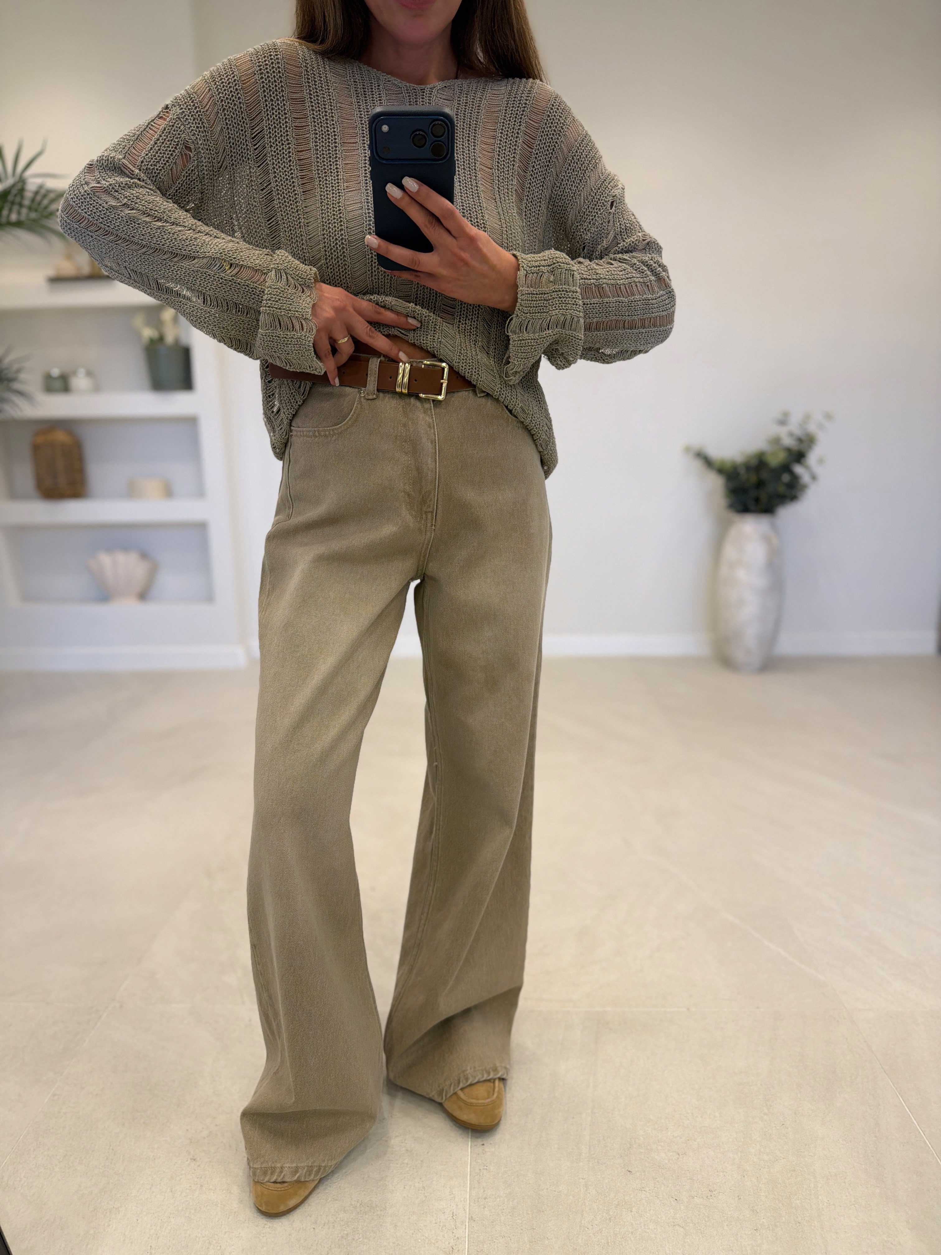 1021 Kemerli Bej Pantolon