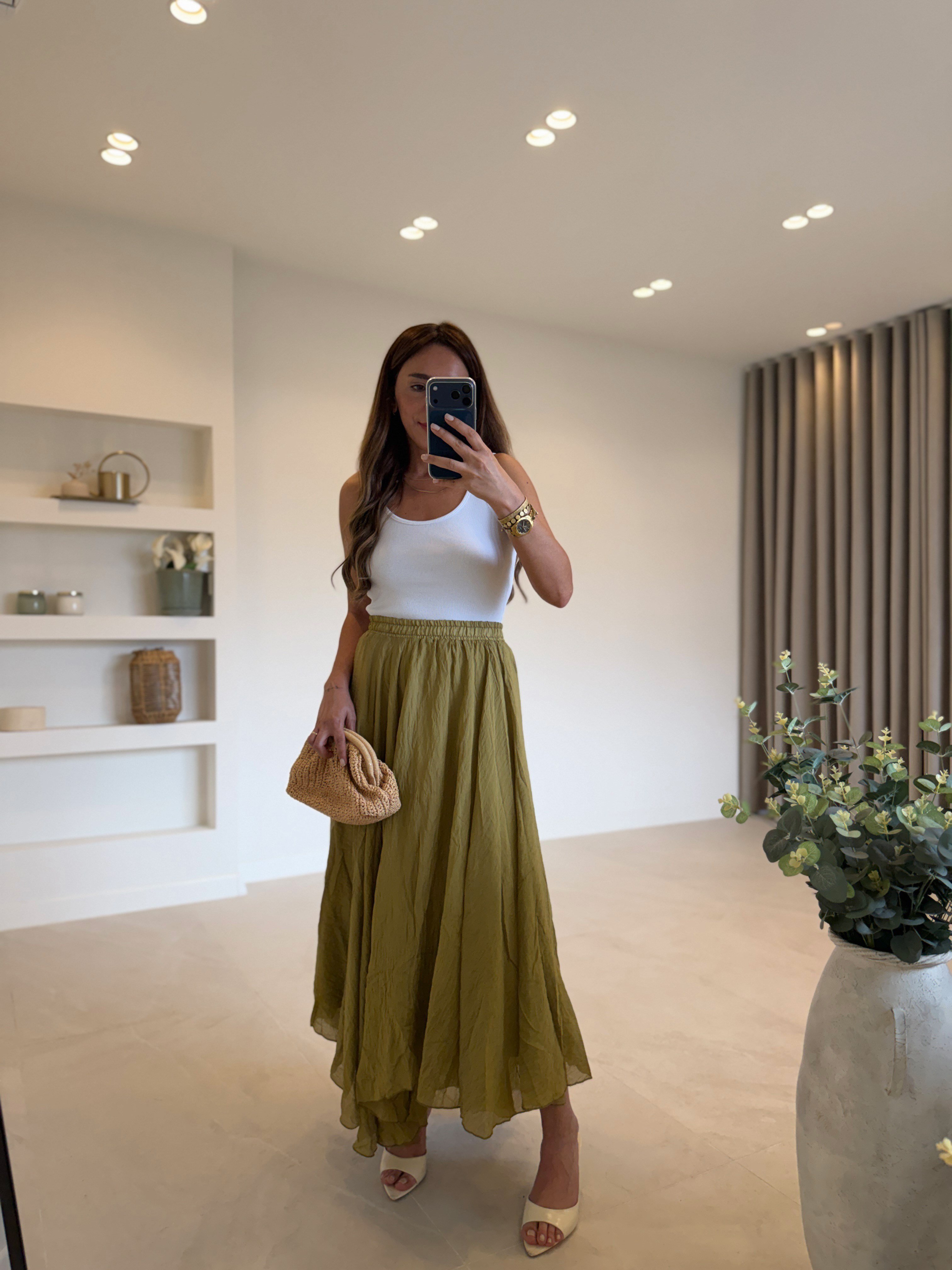 1022 Olive Astarlı Asimetrik Etek