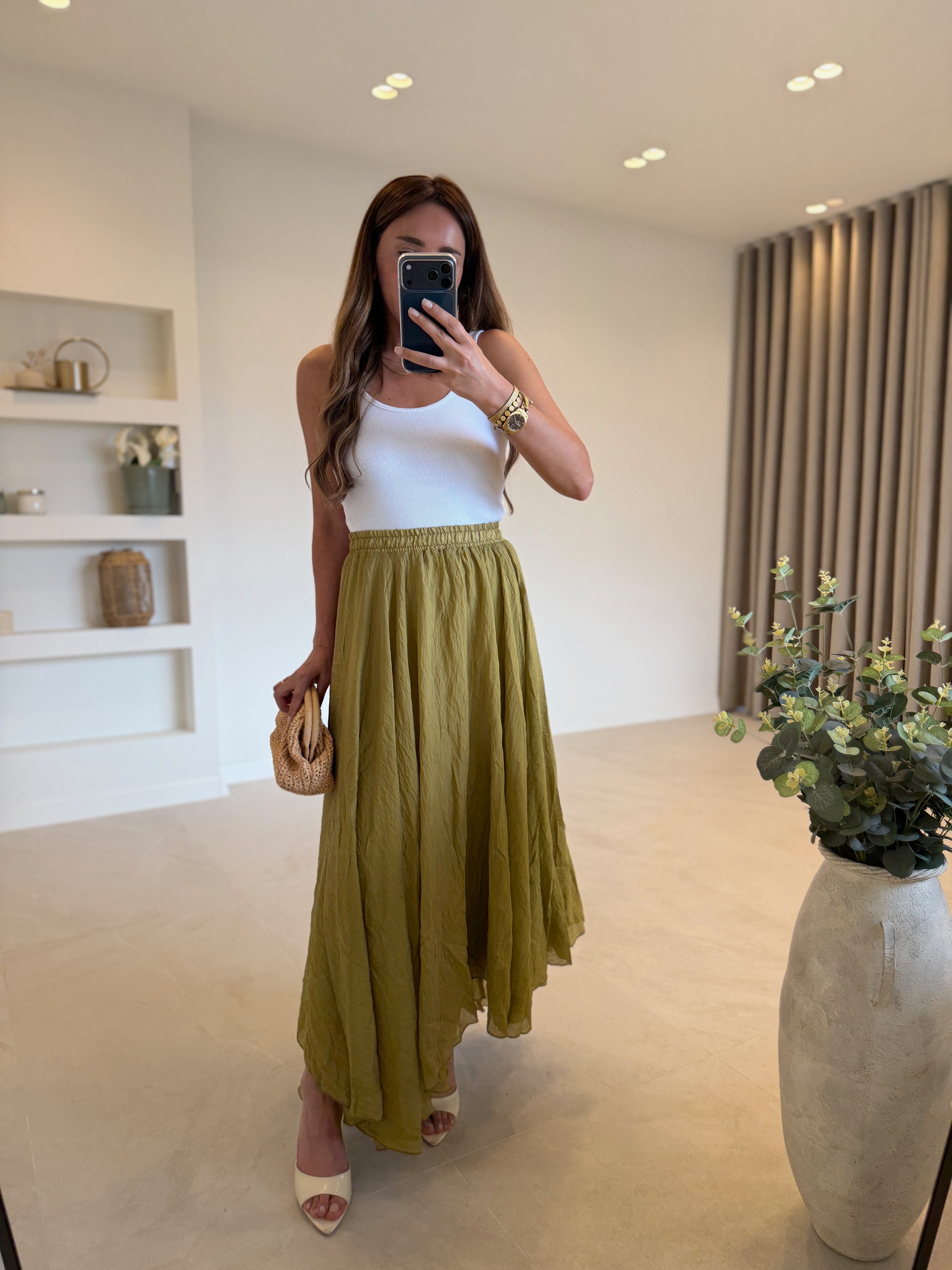 1022 Olive Astarlı Asimetrik Etek