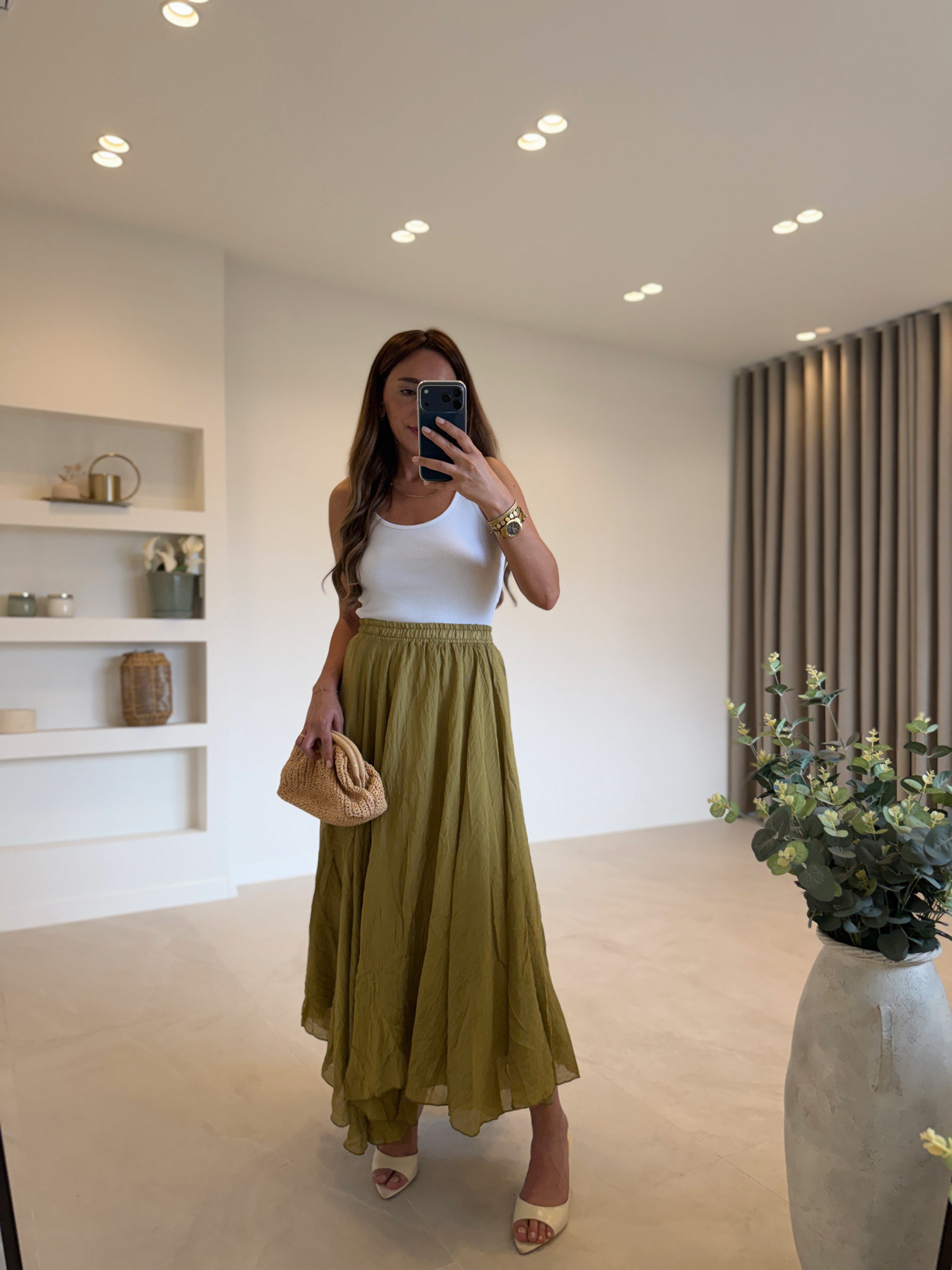 1022 Olive Astarlı Asimetrik Etek