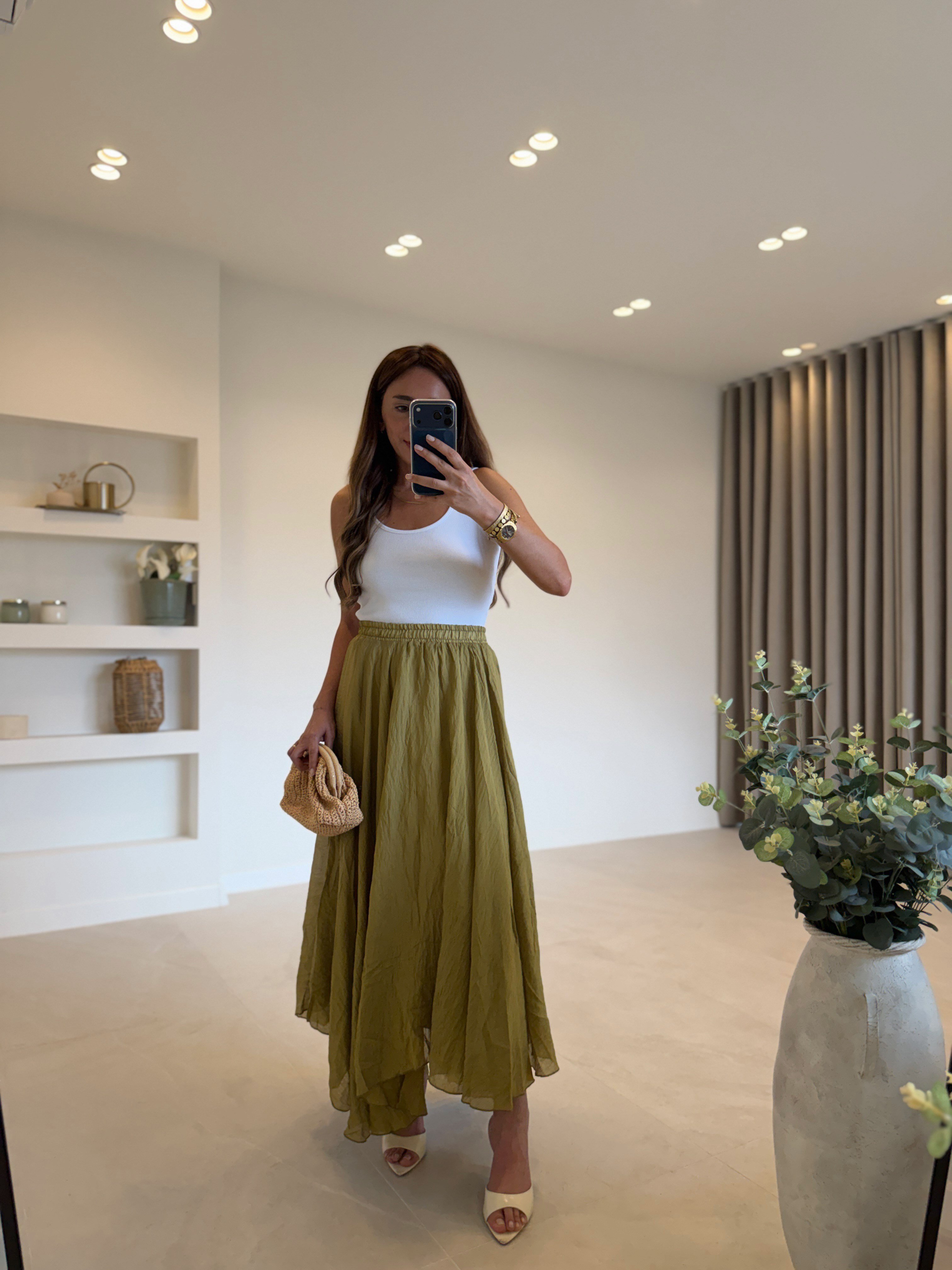 1022 Olive Astarlı Asimetrik Etek
