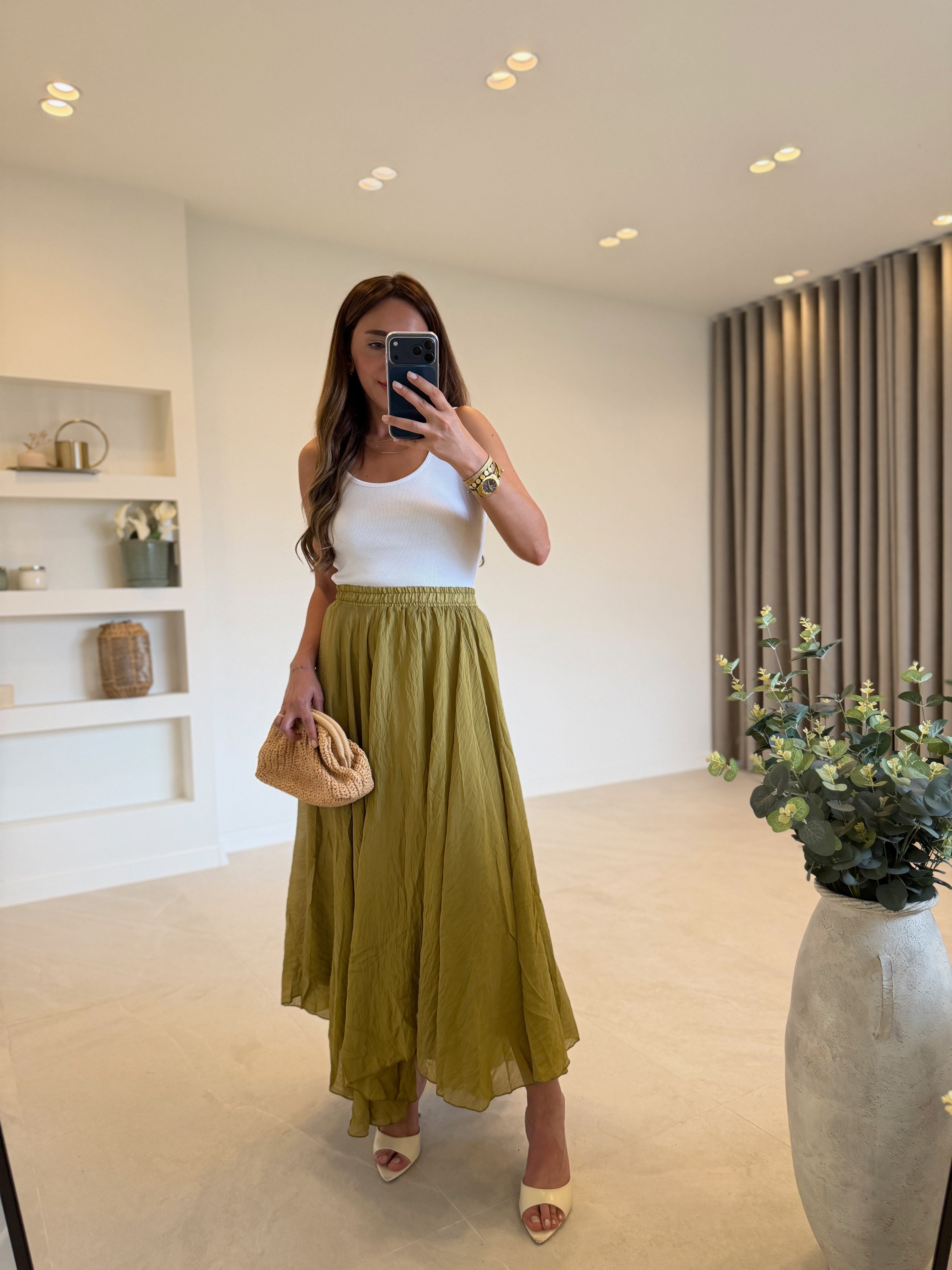 1022 Olive Astarlı Asimetrik Etek