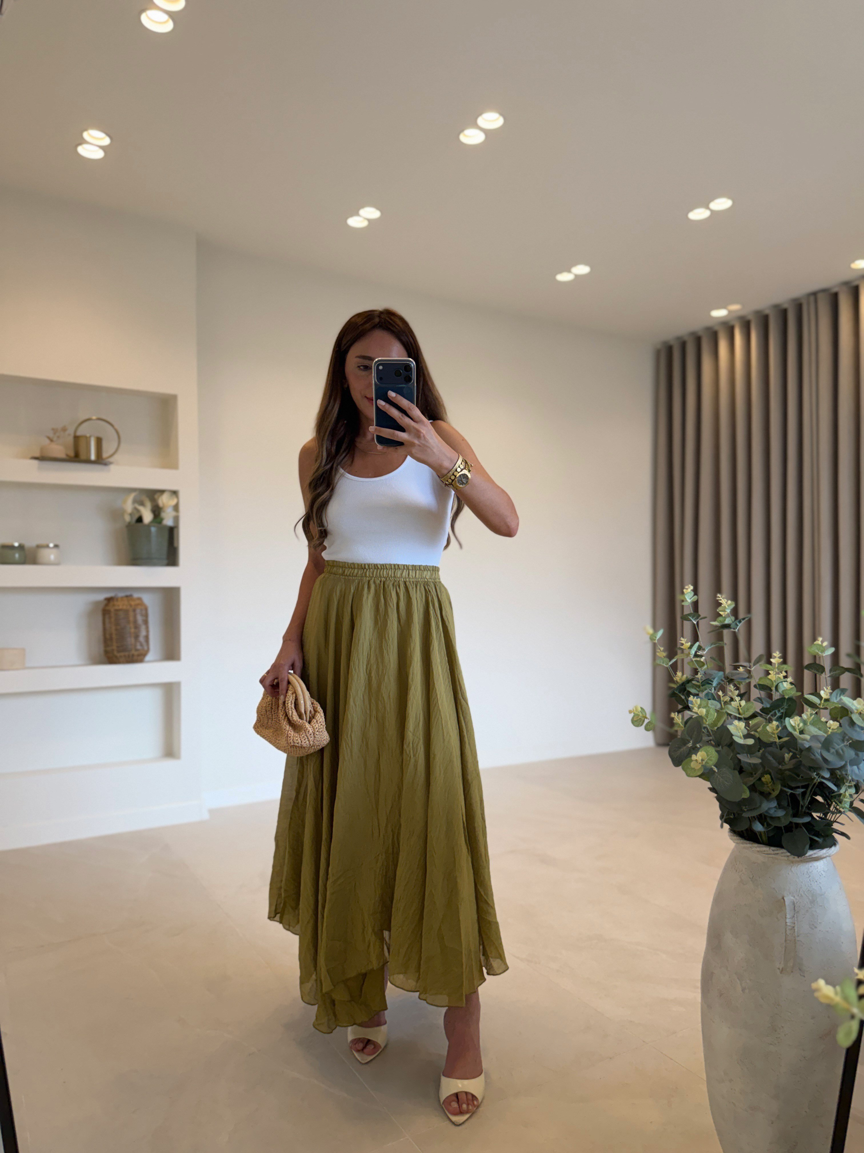 1022 Olive Astarlı Asimetrik Etek