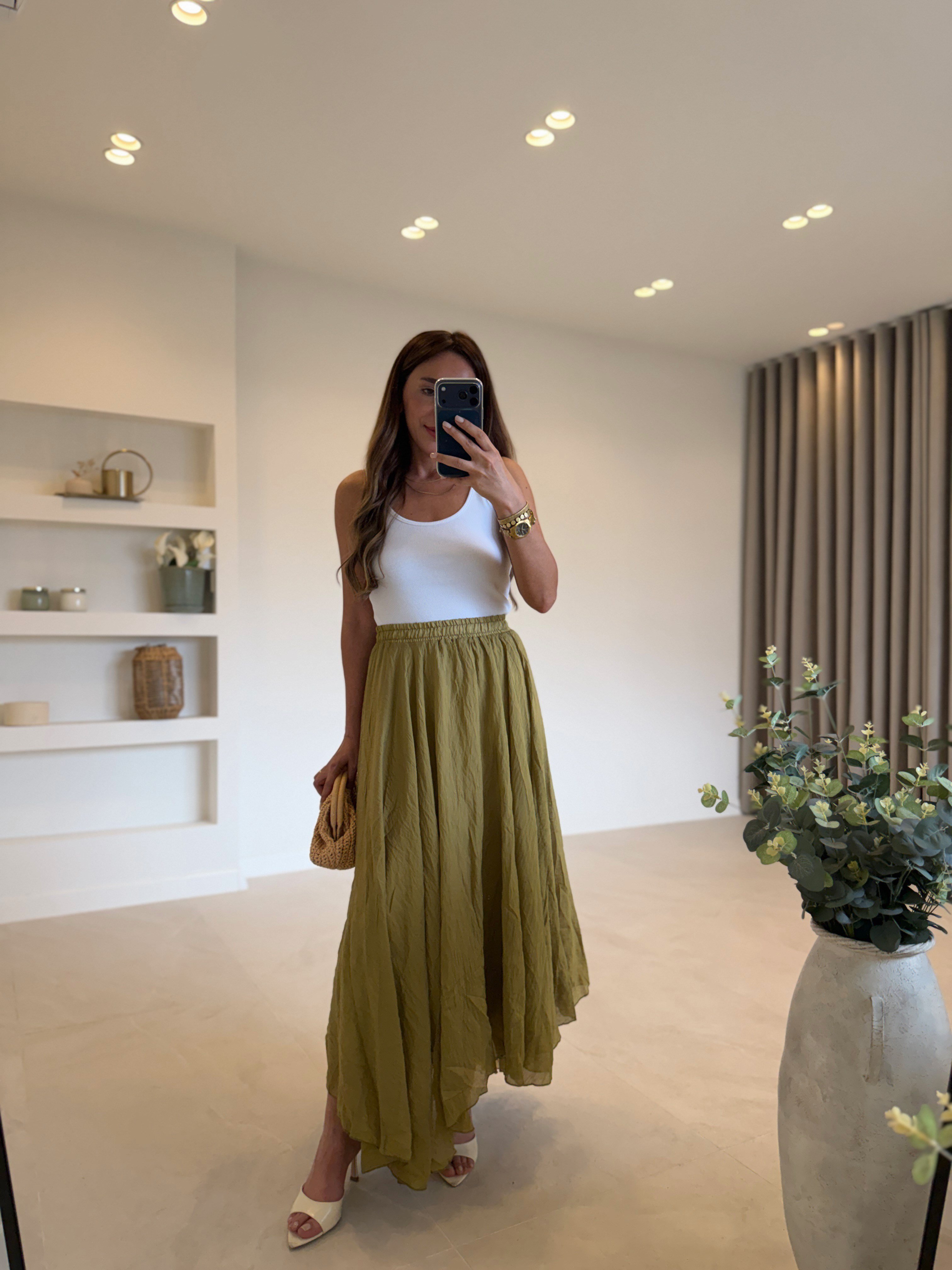 1022 Olive Astarlı Asimetrik Etek