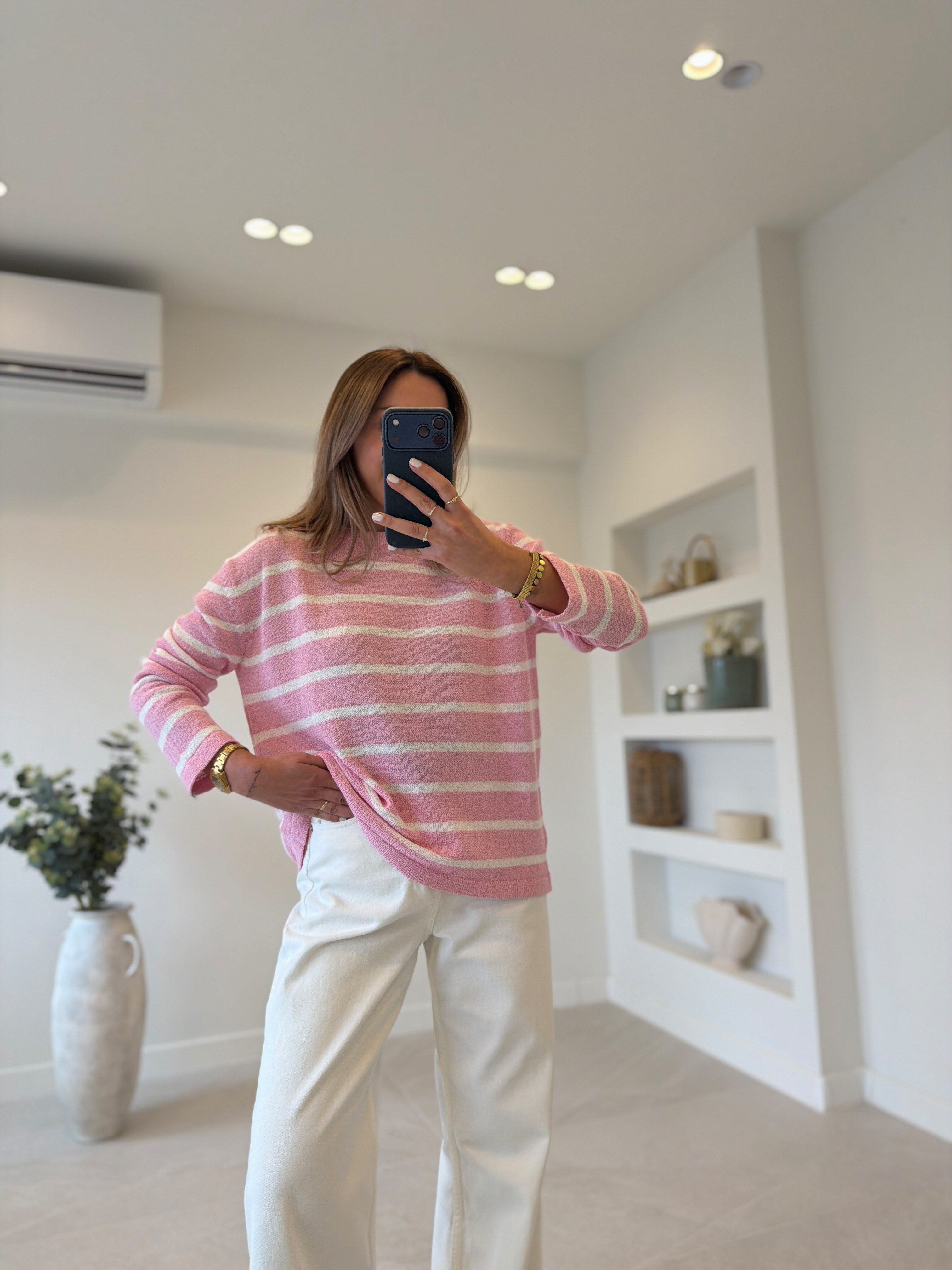 1032 Pembe Çizgili Triko Kazak