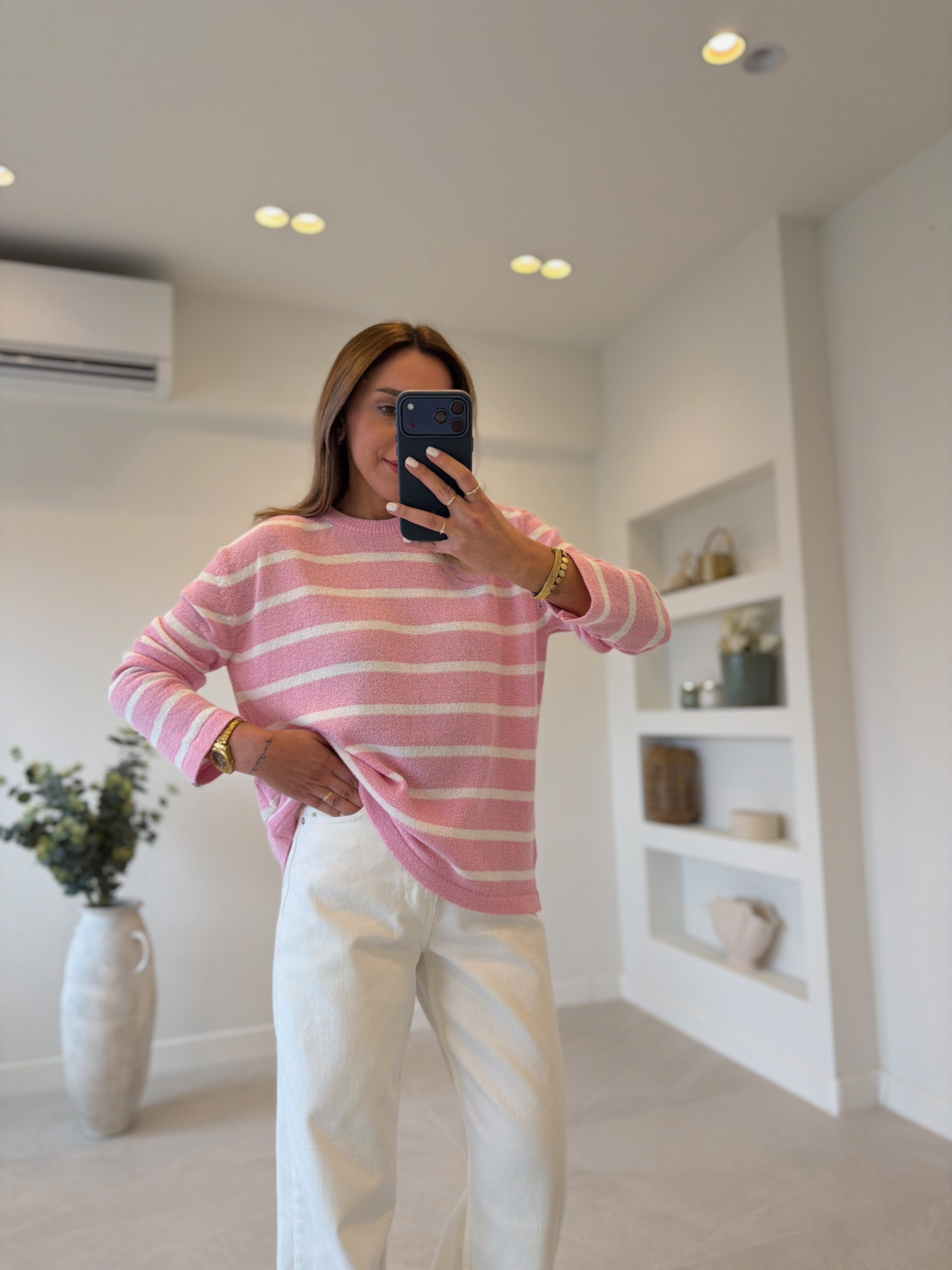 1032 Pembe Çizgili Triko Kazak