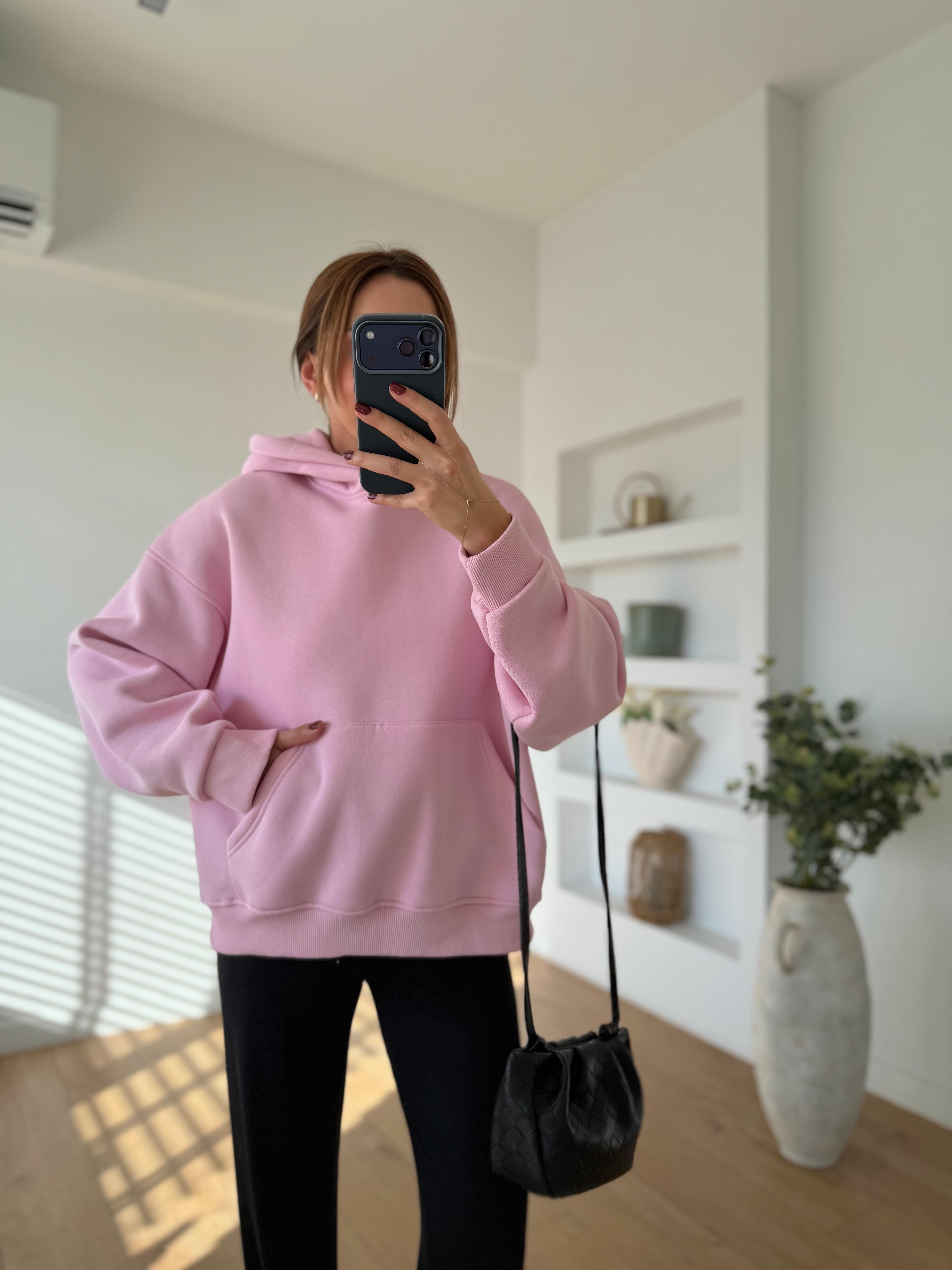 10801 Kapüşonlu Cepli Pembe Sweatshirt