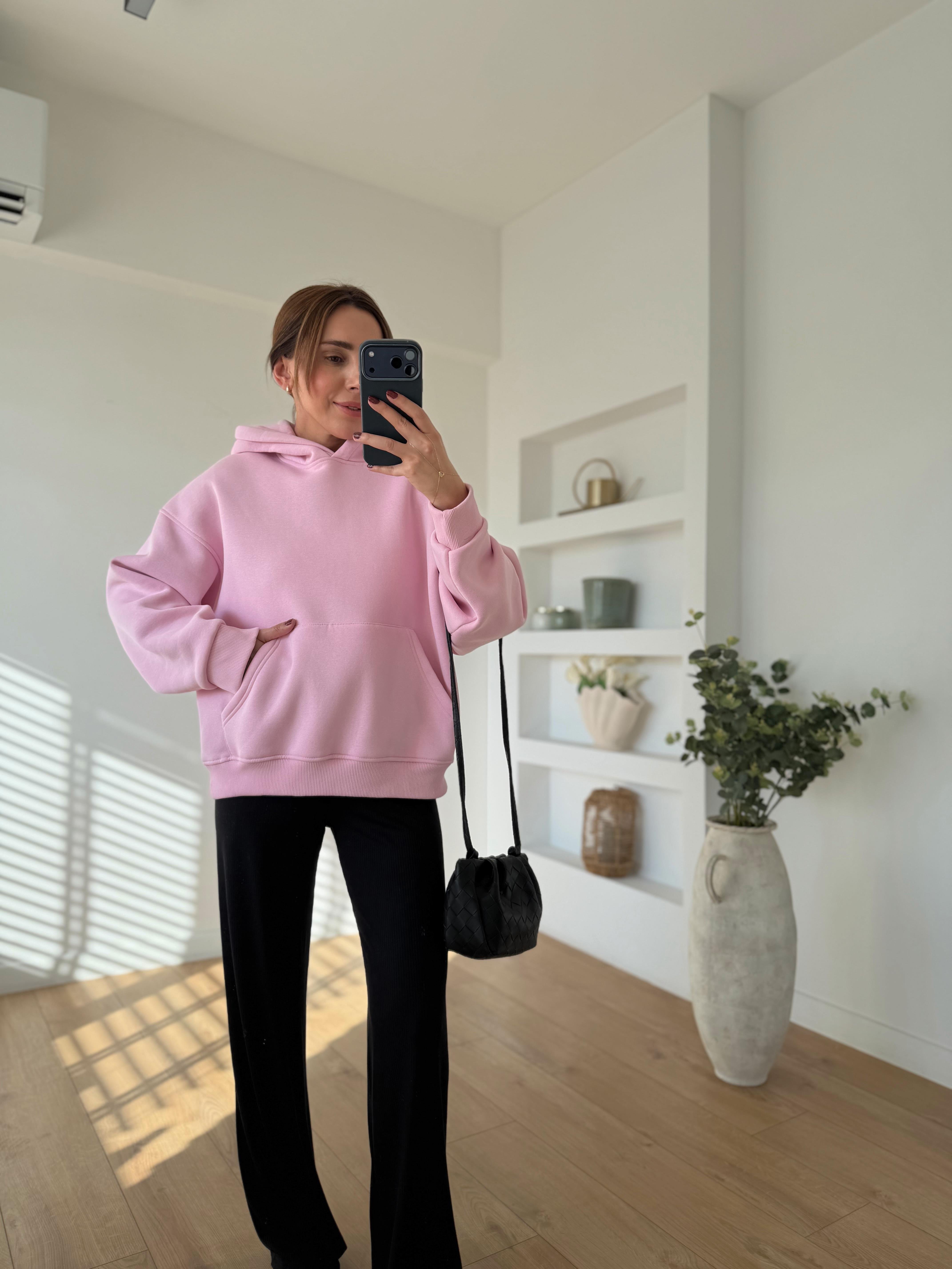 10801 Kapüşonlu Cepli Pembe Sweatshirt