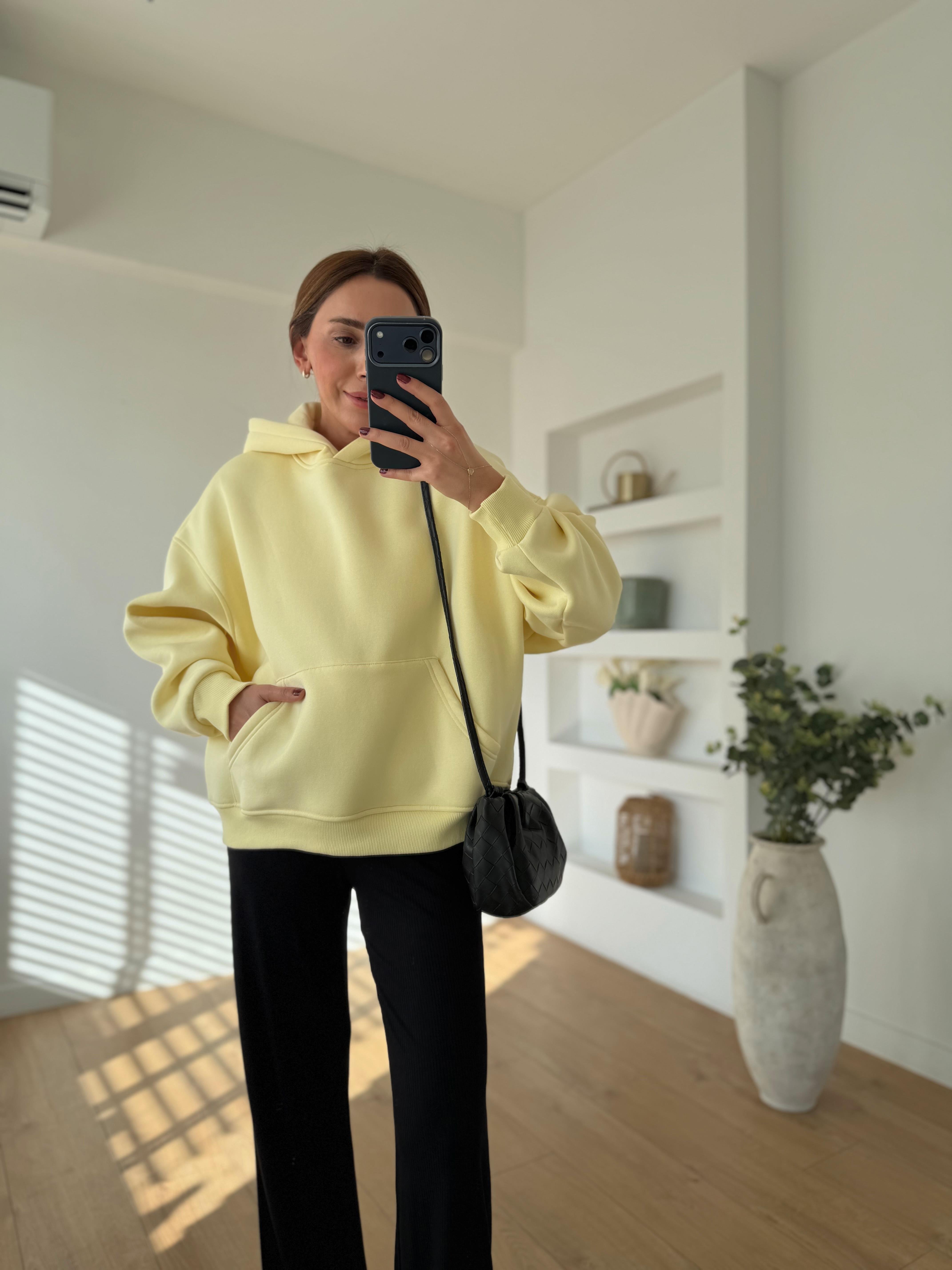 10801 Kapüşonlu Cepli Sarı Sweatshirt