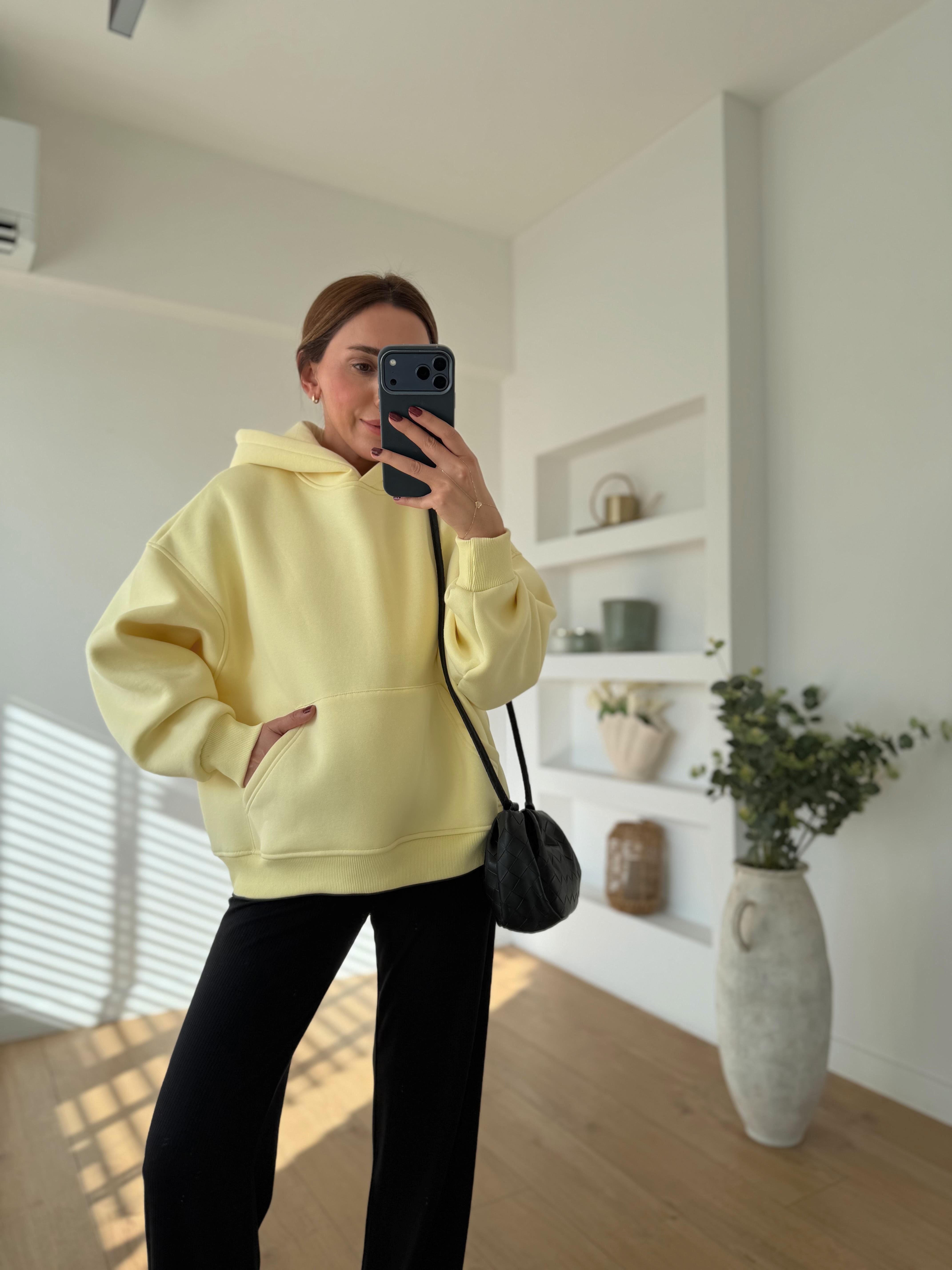 10801 Kapüşonlu Cepli Sarı Sweatshirt