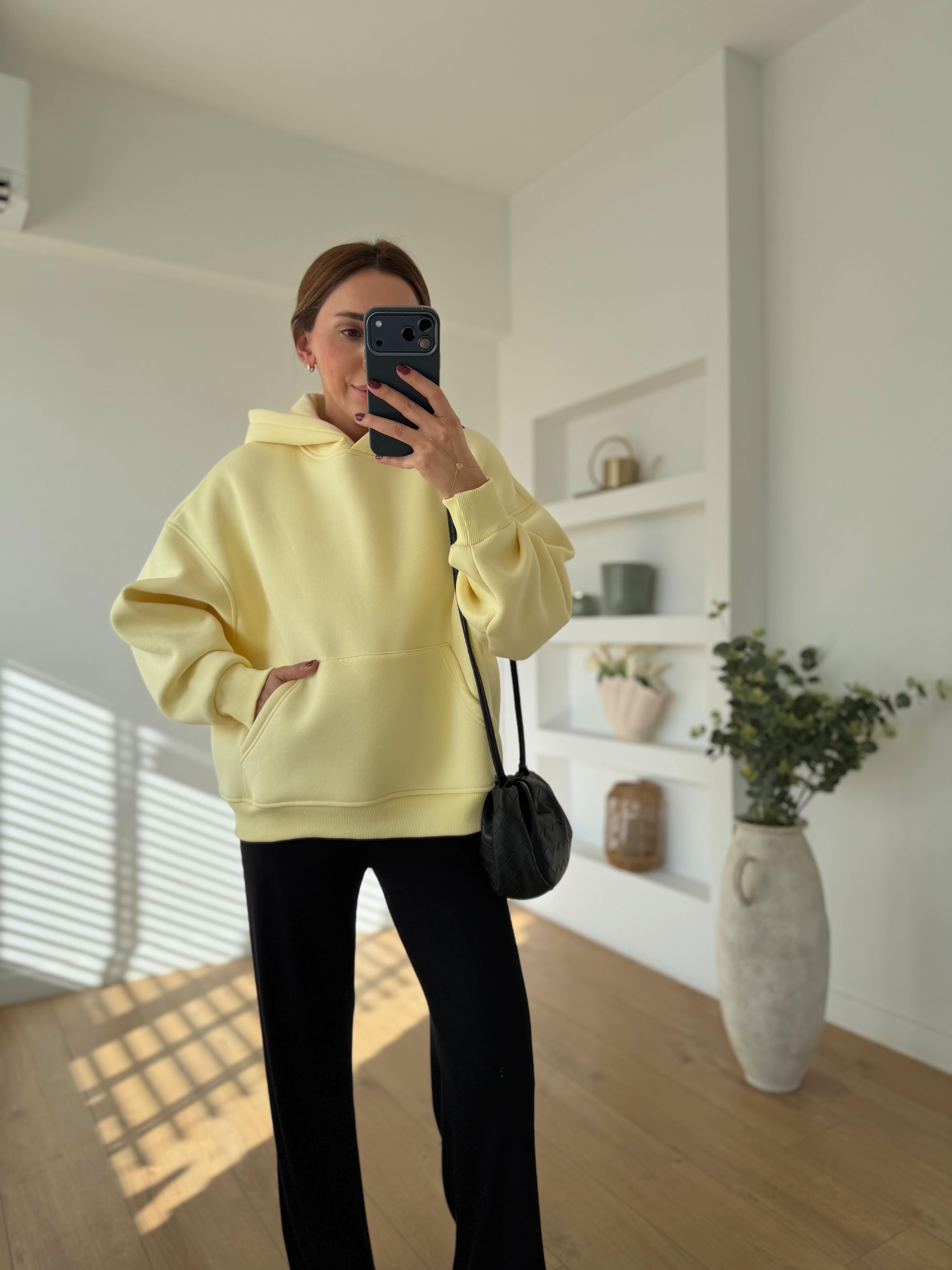 10801 Kapüşonlu Cepli Sarı Sweatshirt