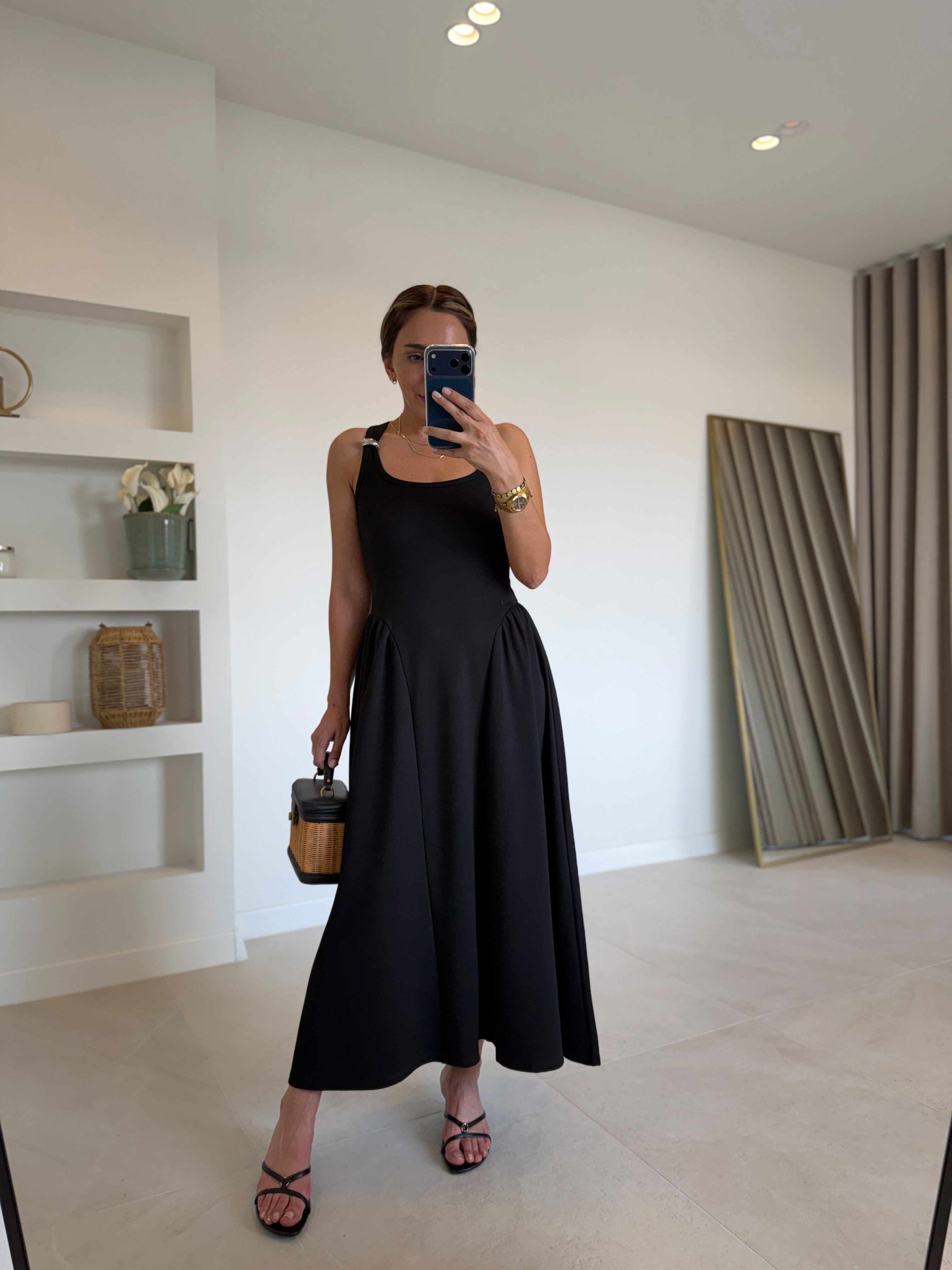 1112 Halter Yaka Drape Detay Siyah Elbise