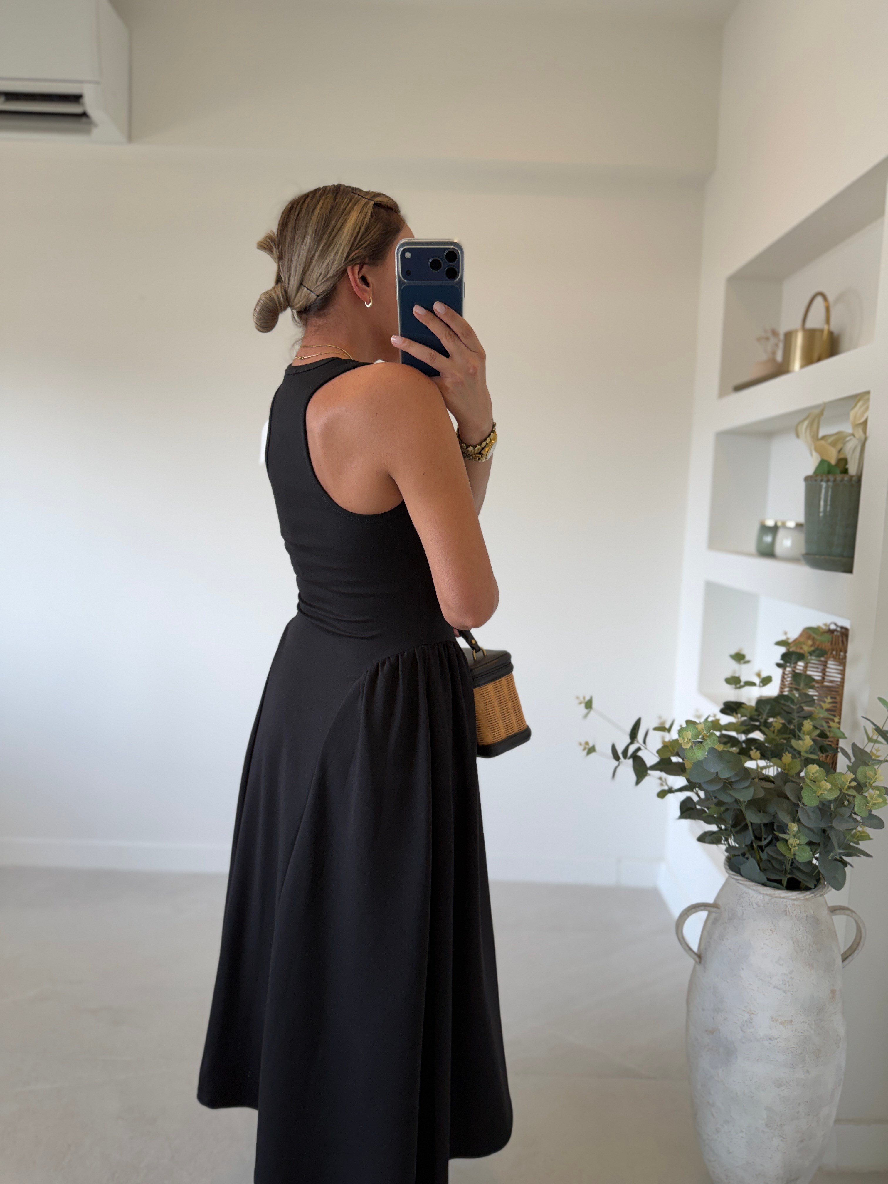 1112 Halter Yaka Drape Detay Siyah Elbise