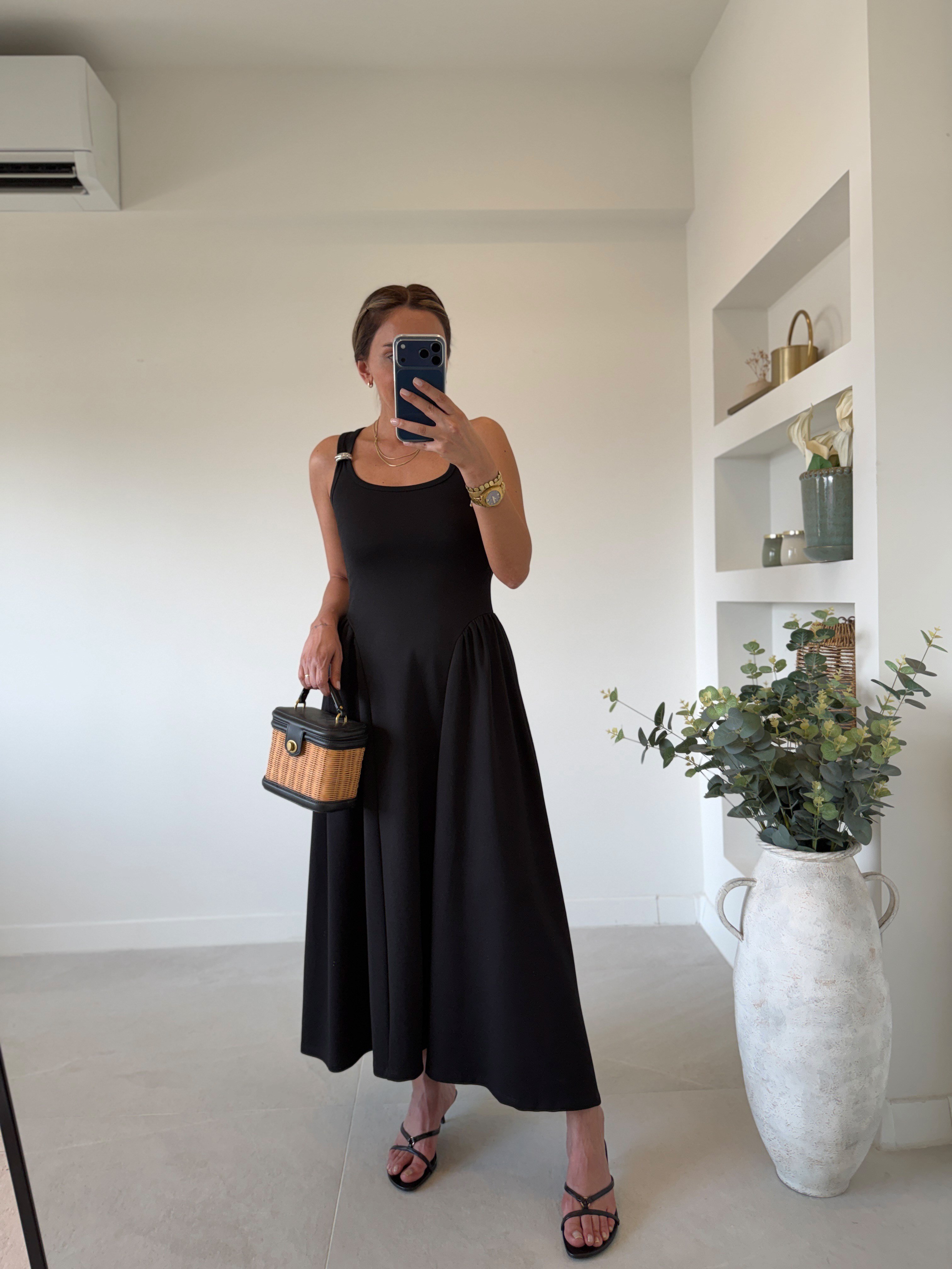 1112 Halter Yaka Drape Detay Siyah Elbise