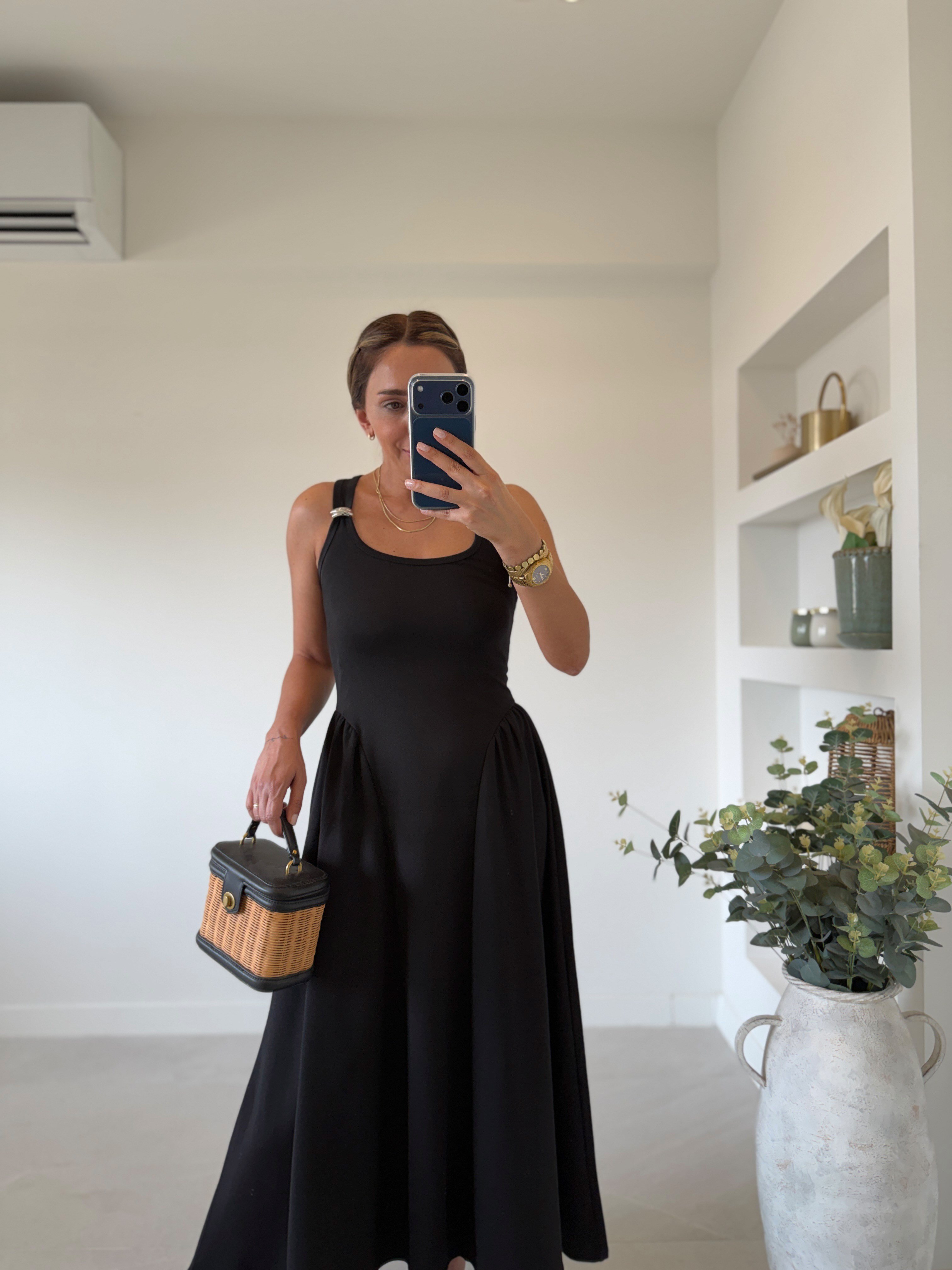 1112 Halter Yaka Drape Detay Siyah Elbise