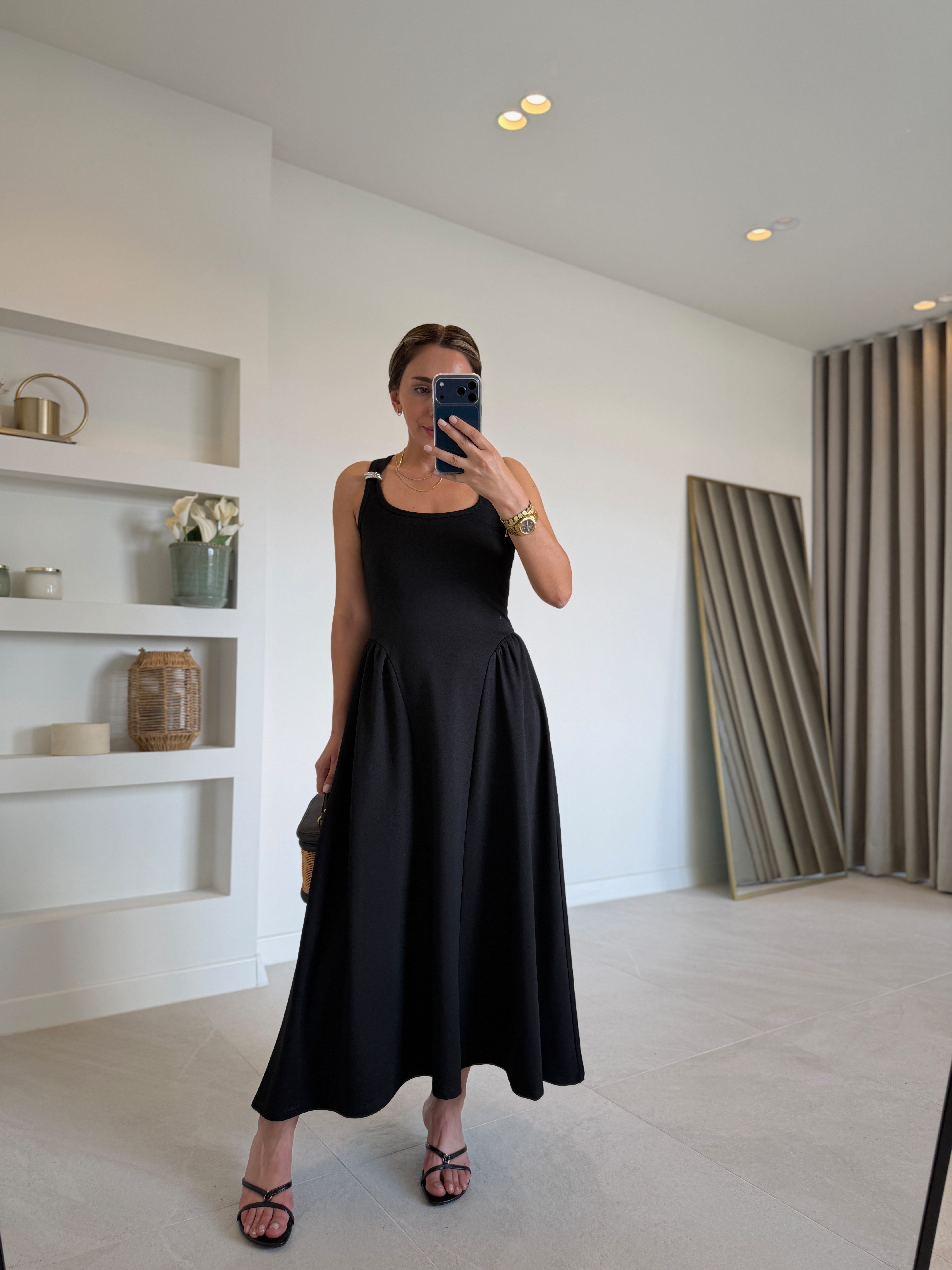 1112 Halter Yaka Drape Detay Siyah Elbise
