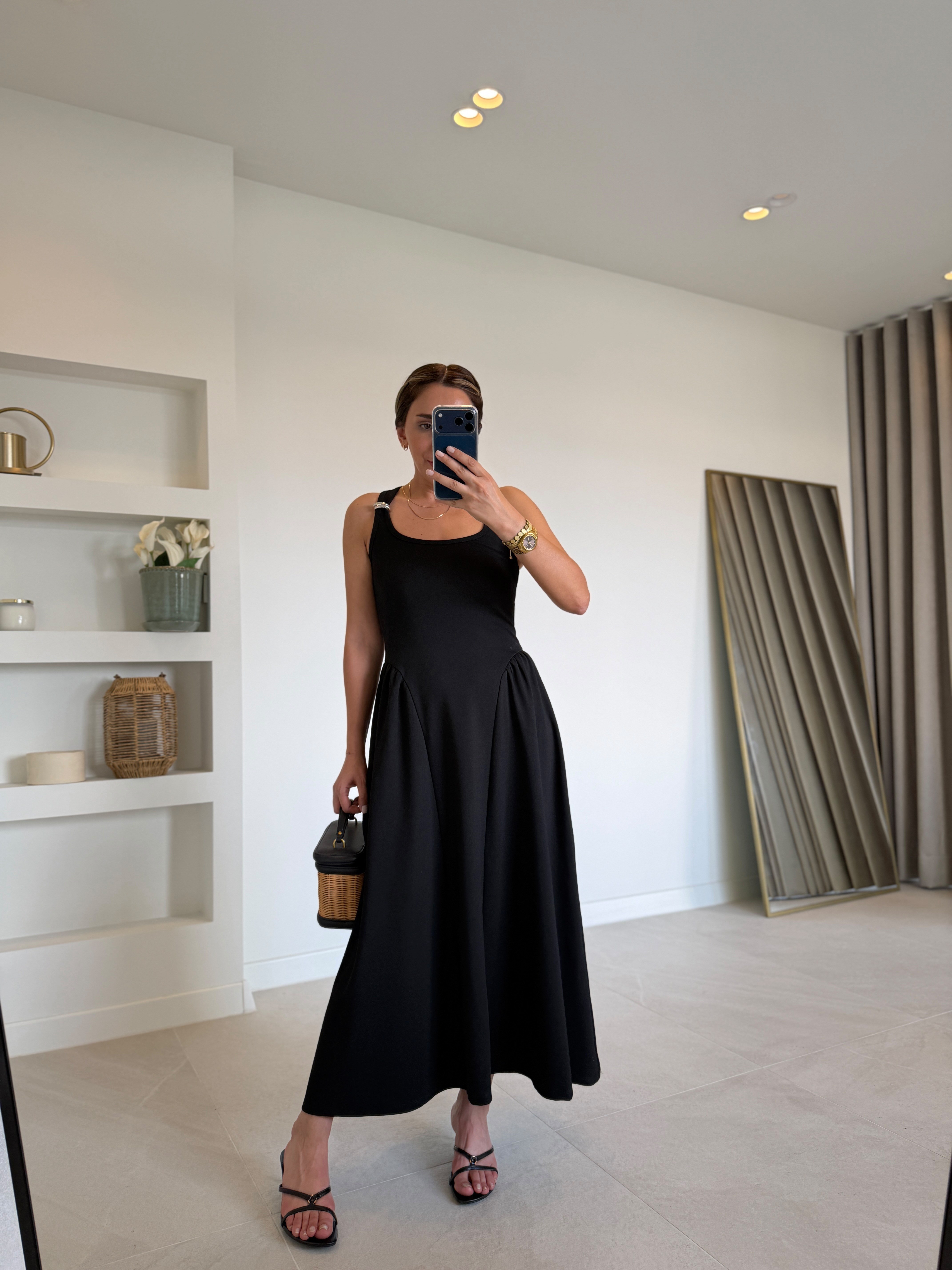 1112 Halter Yaka Drape Detay Siyah Elbise