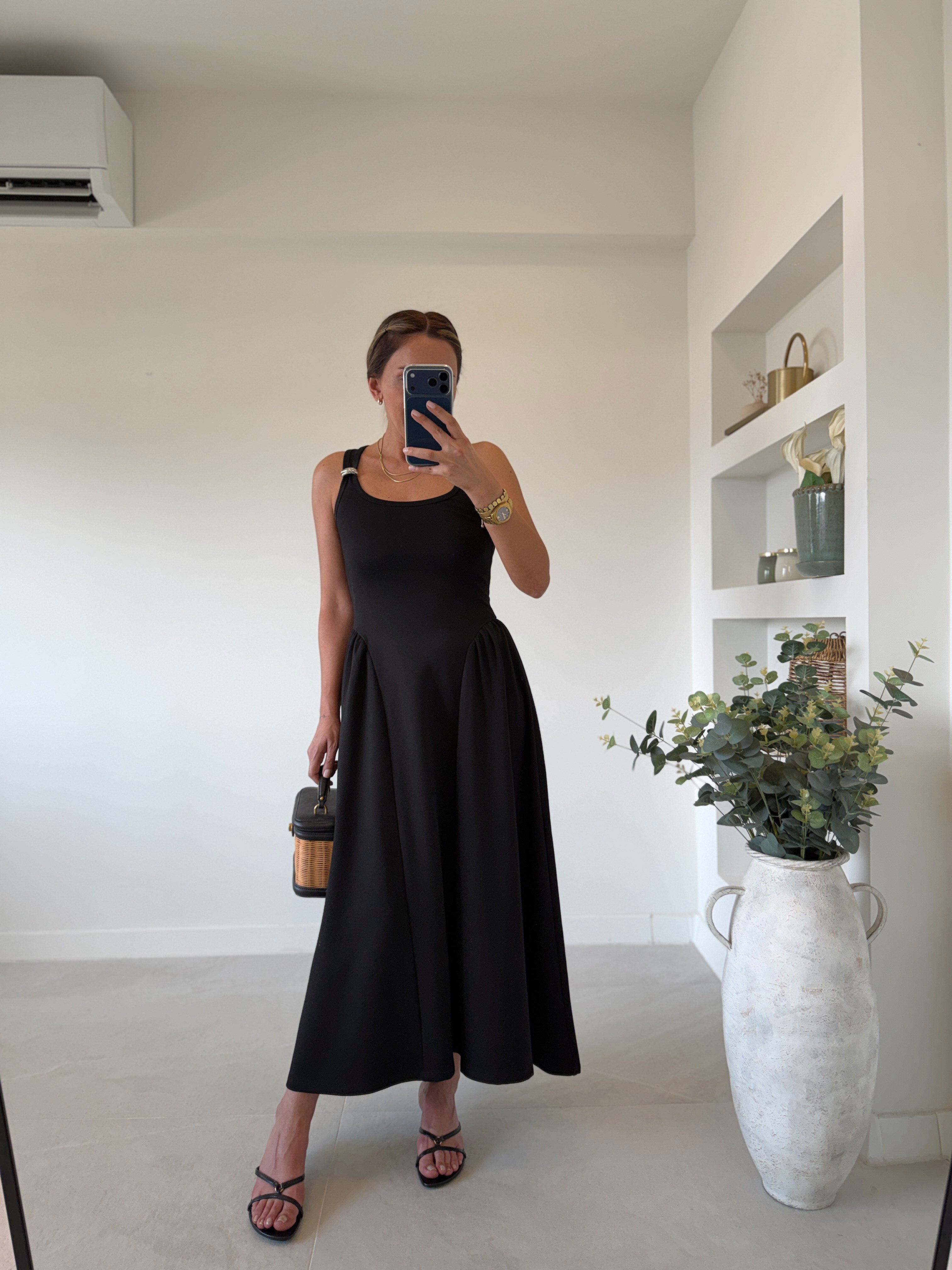 1112 Halter Yaka Drape Detay Siyah Elbise