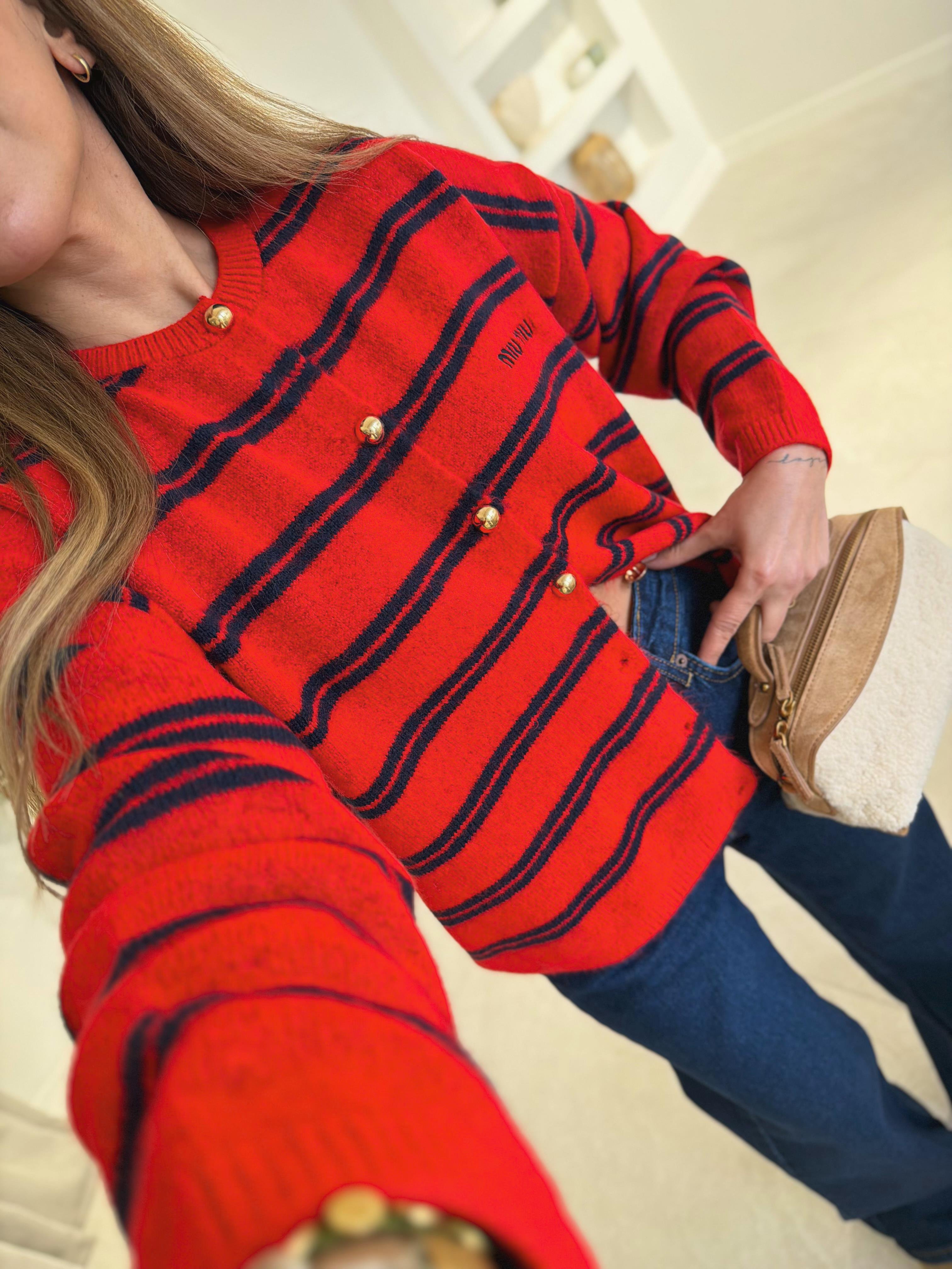 1115 Muadil Düğmeli Şeritli Kırmızı Hırka