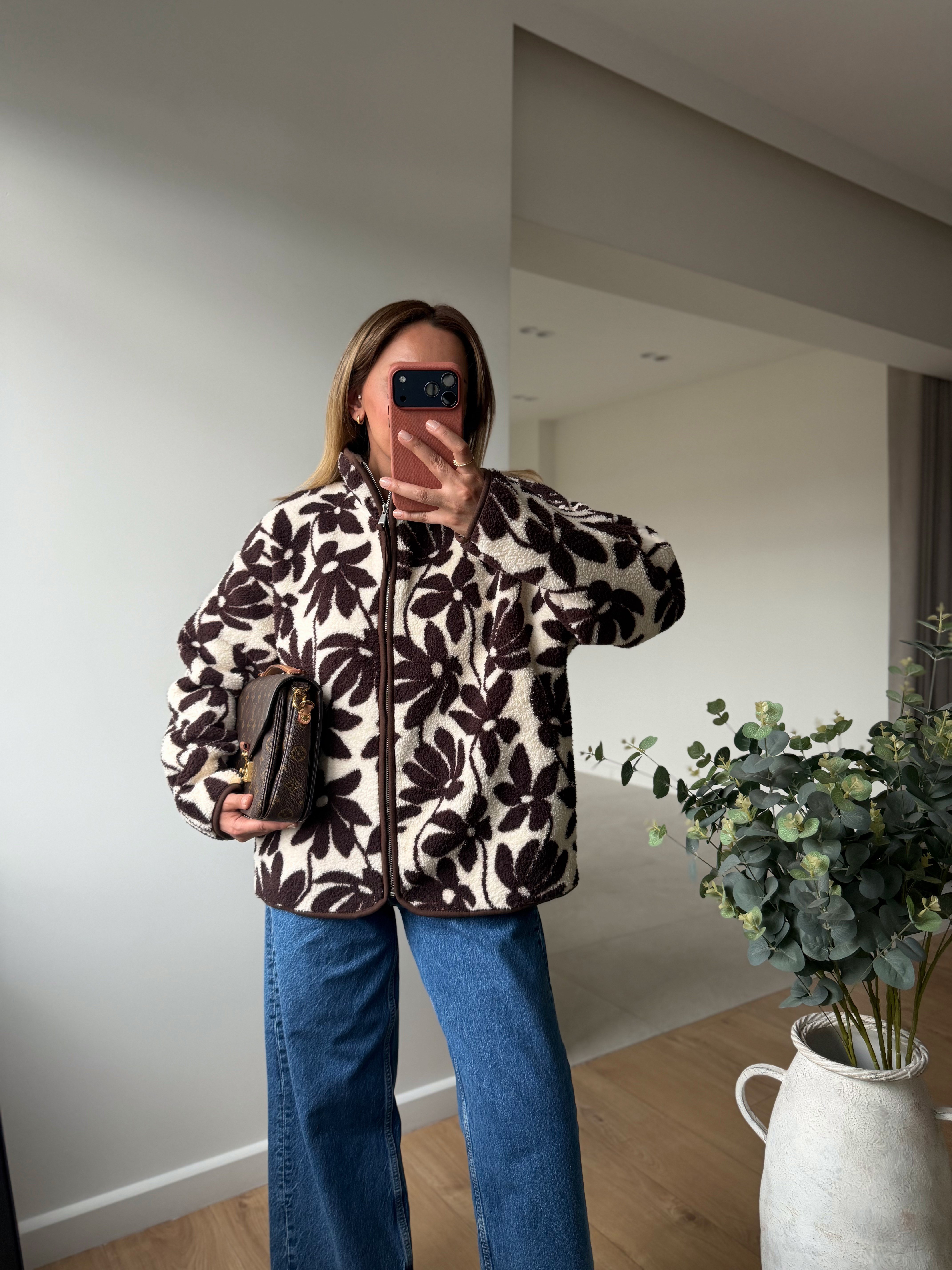 23216 Kahve Çiçekli Ekru Polar Ceket