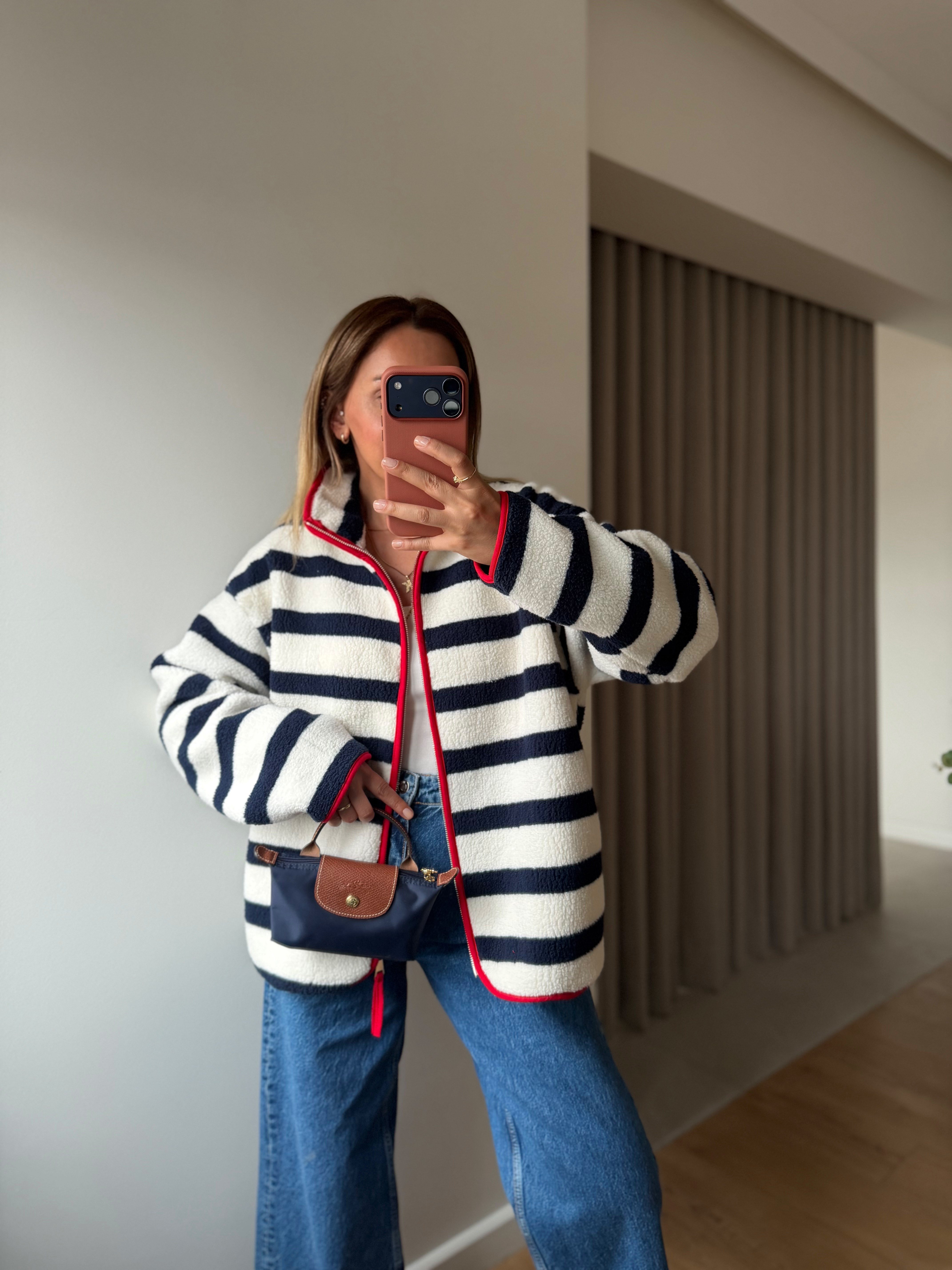 23306 Biyeli Lacivert Çizgili Polar Ceket