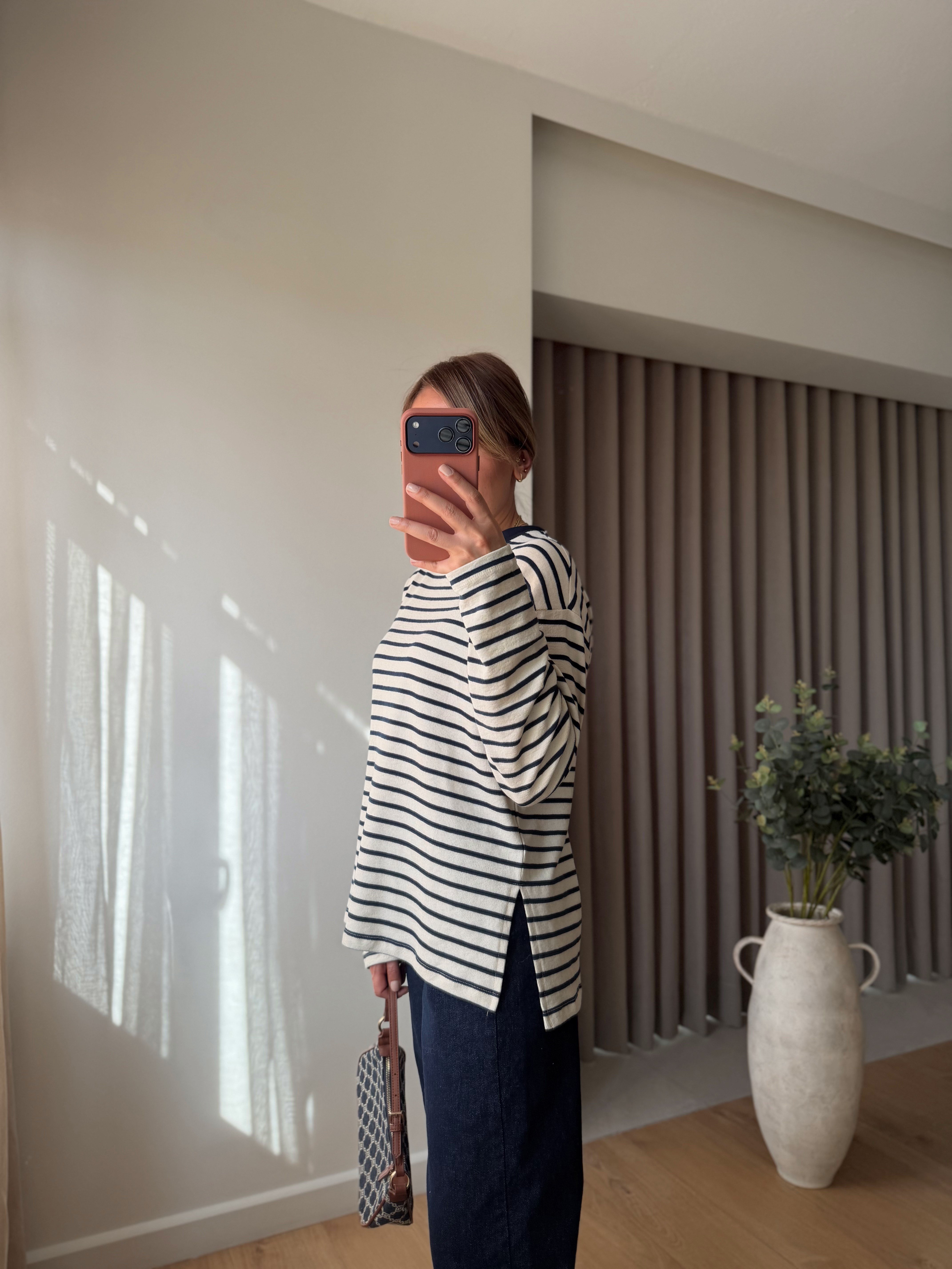 26354 Yırtmaçlı Lacivert Çizgili İnce Sweatshirt