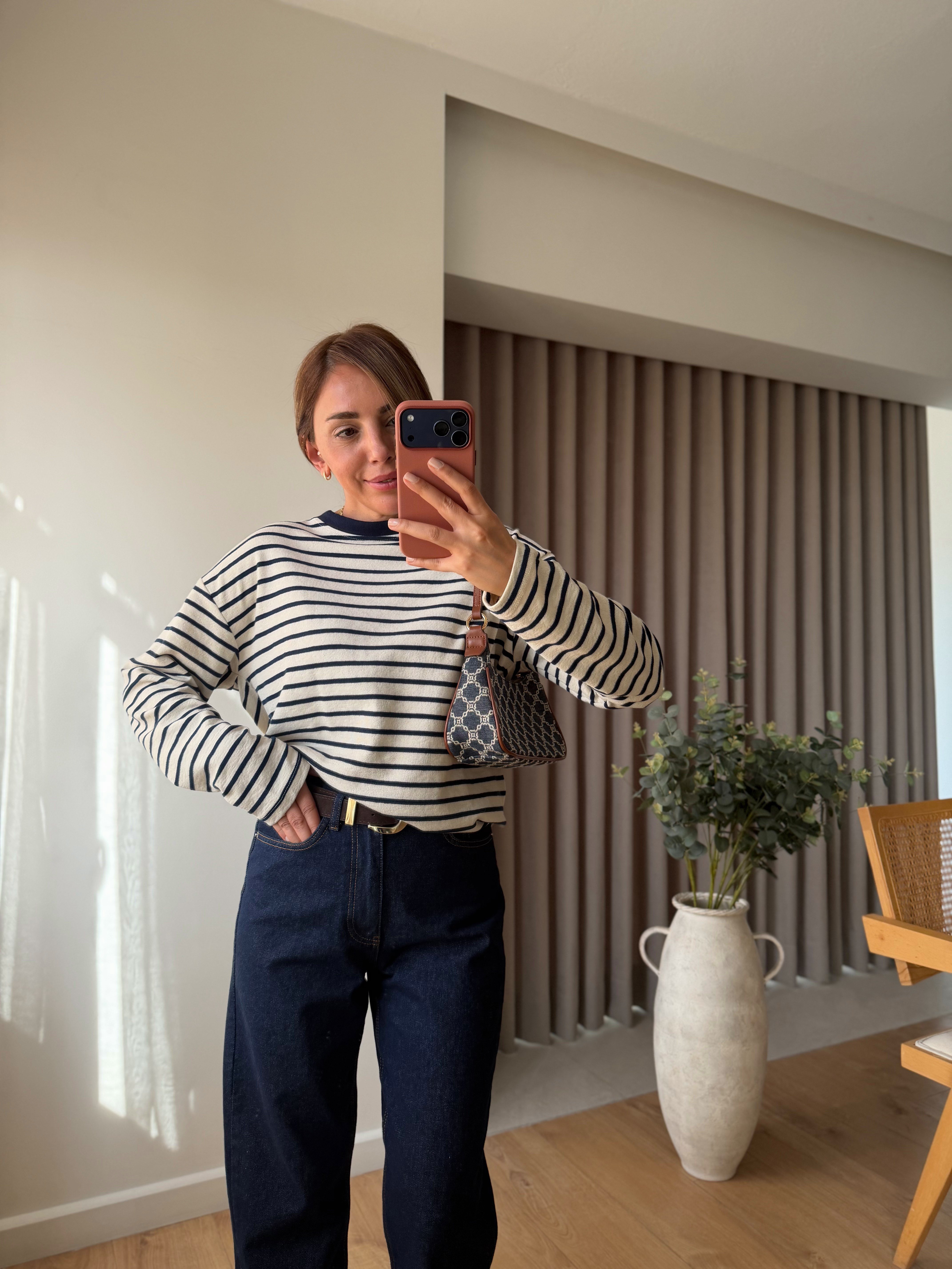 26354 Yırtmaçlı Lacivert Çizgili İnce Sweatshirt