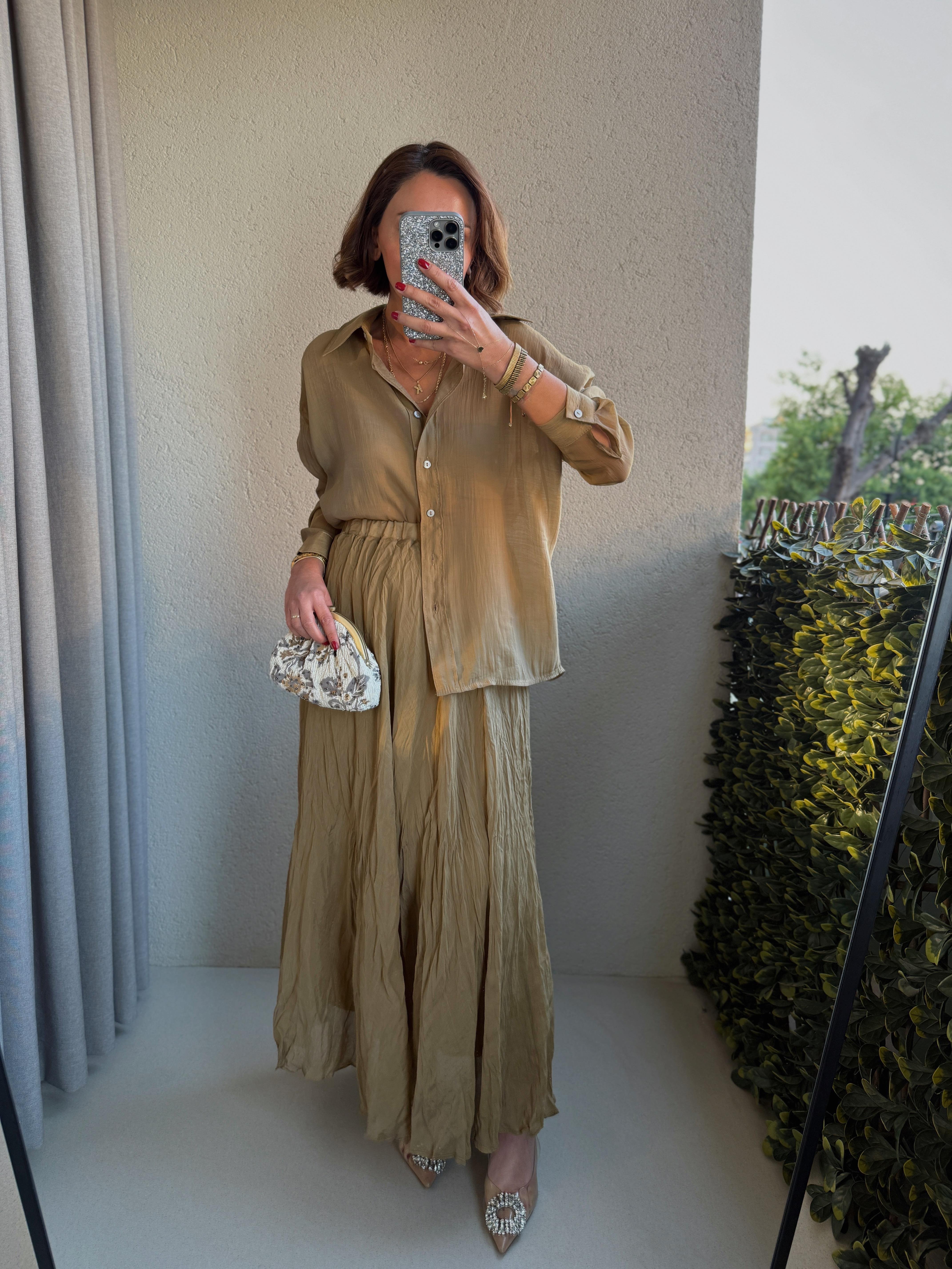 3207 Kırışık Midi Olive Etek