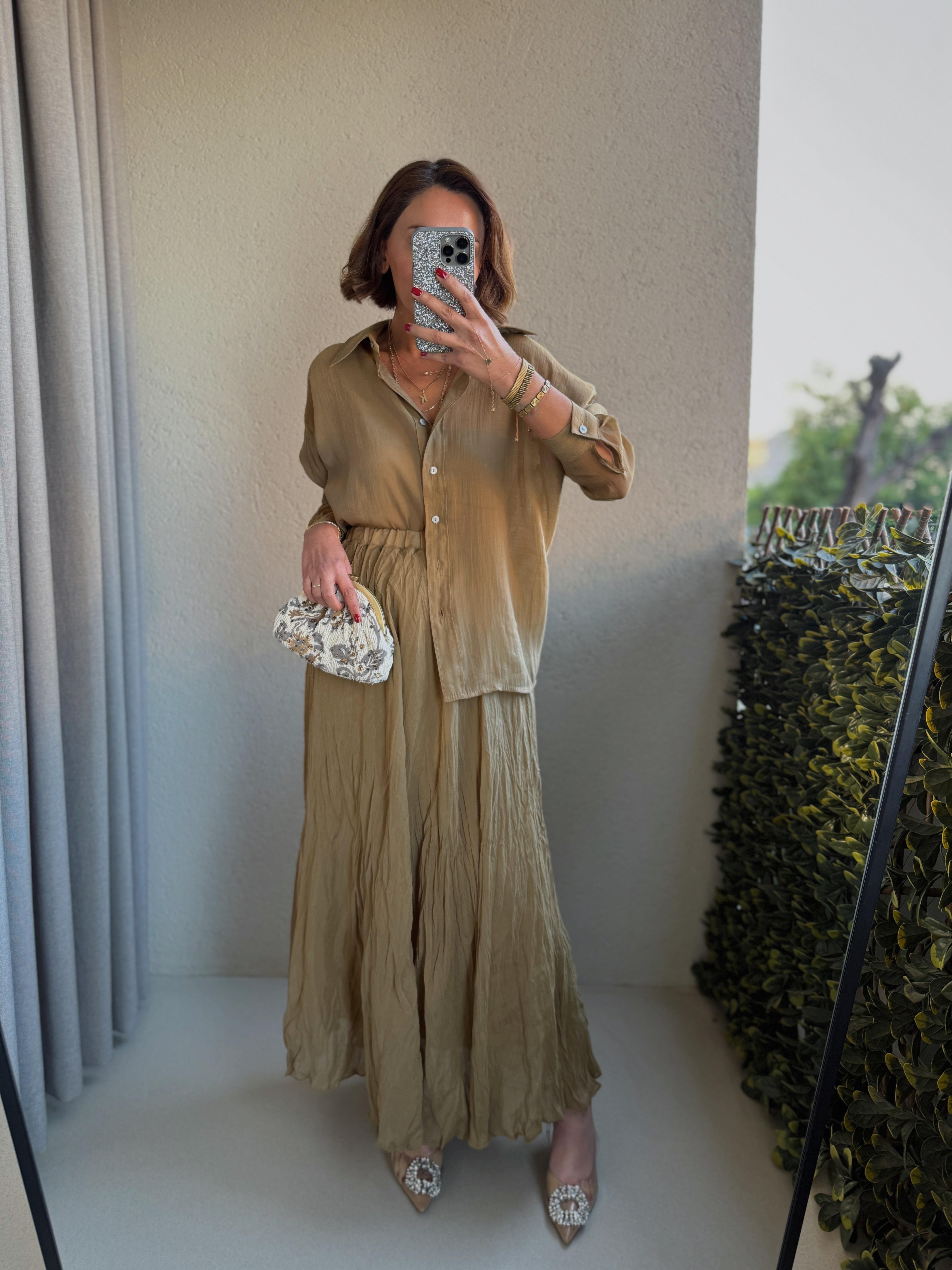 3207 Kırışık Midi Olive Etek