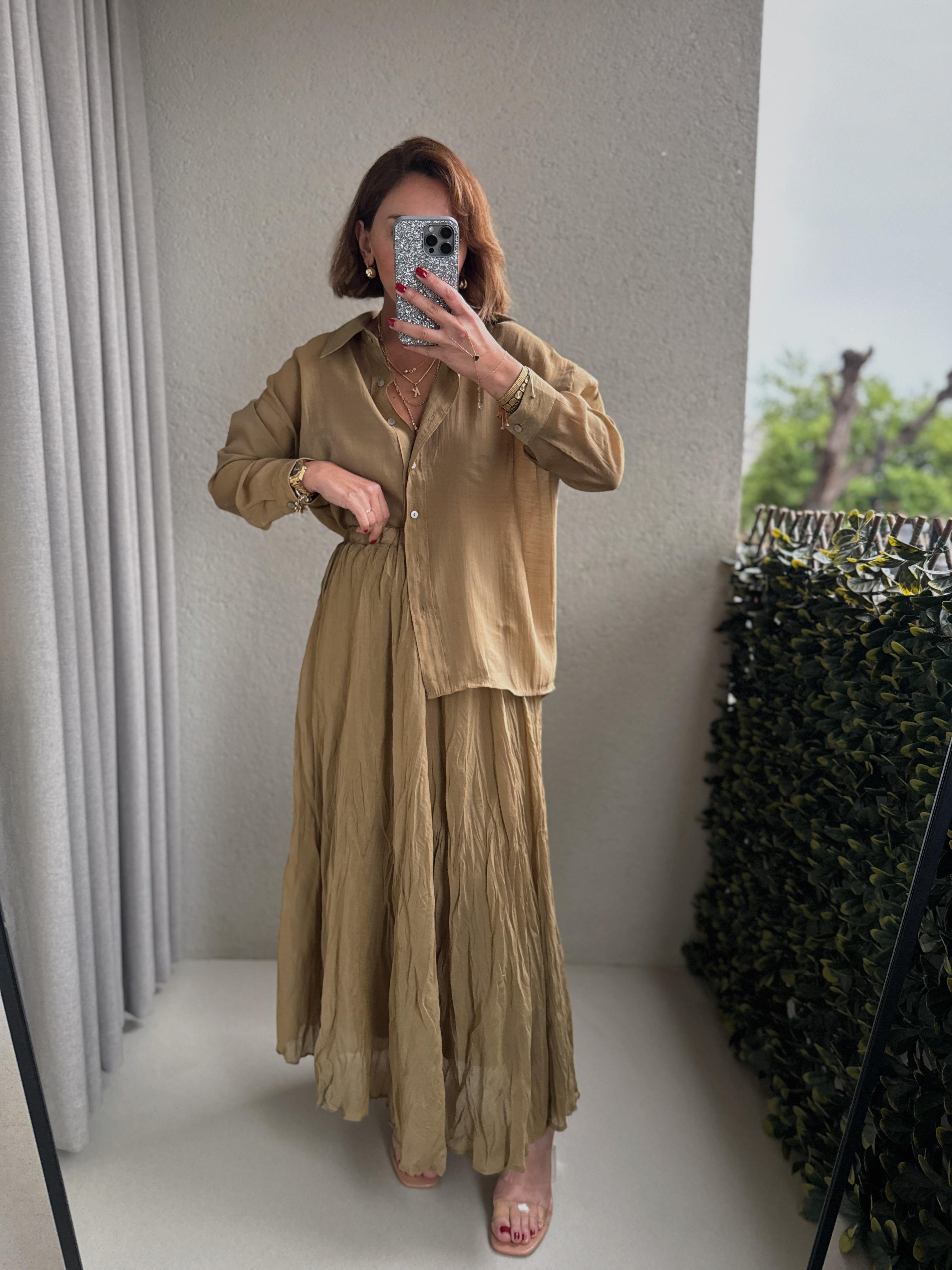 3207 Kırışık Midi Olive Etek