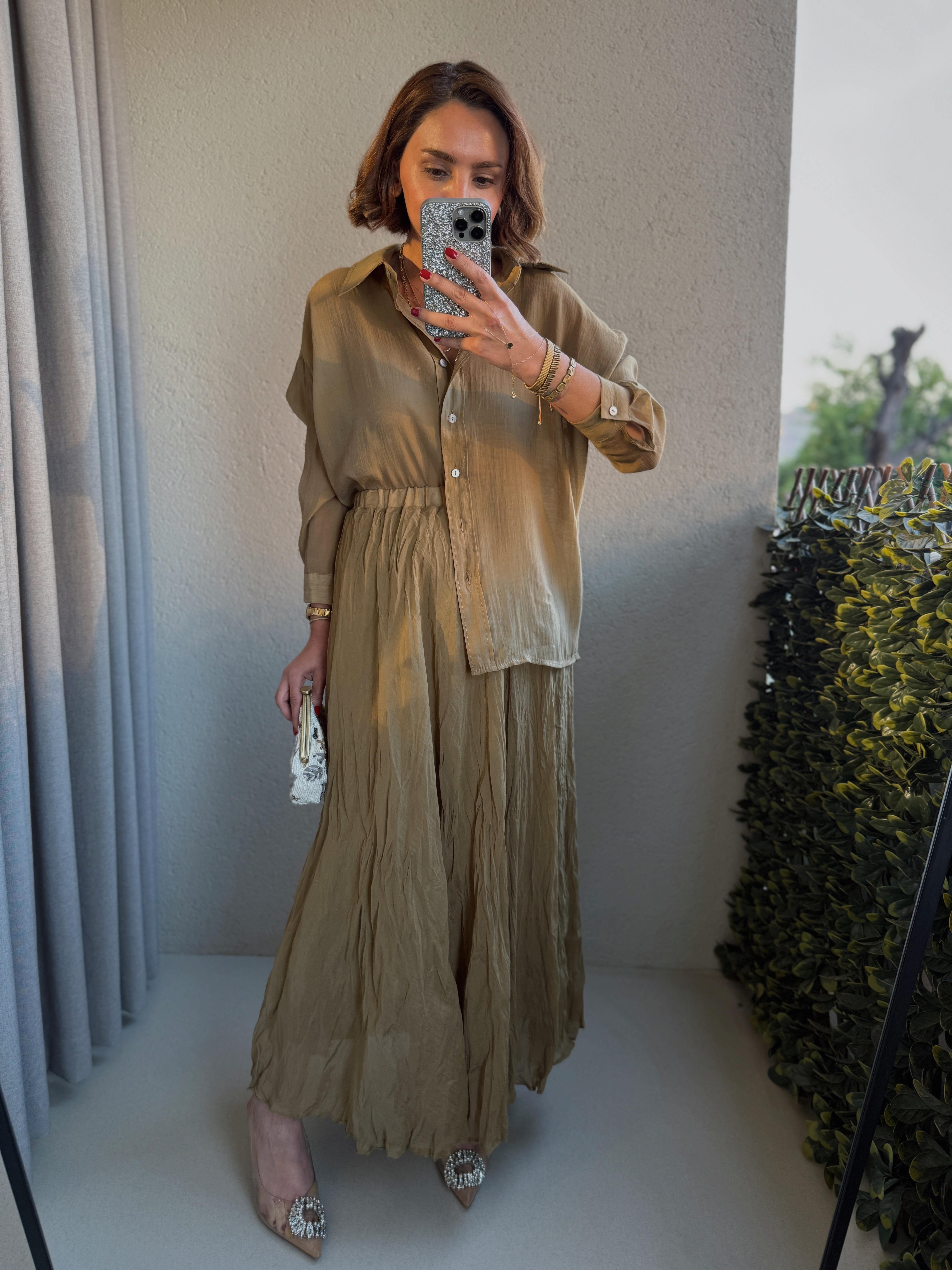3207 Kırışık Midi Olive Etek