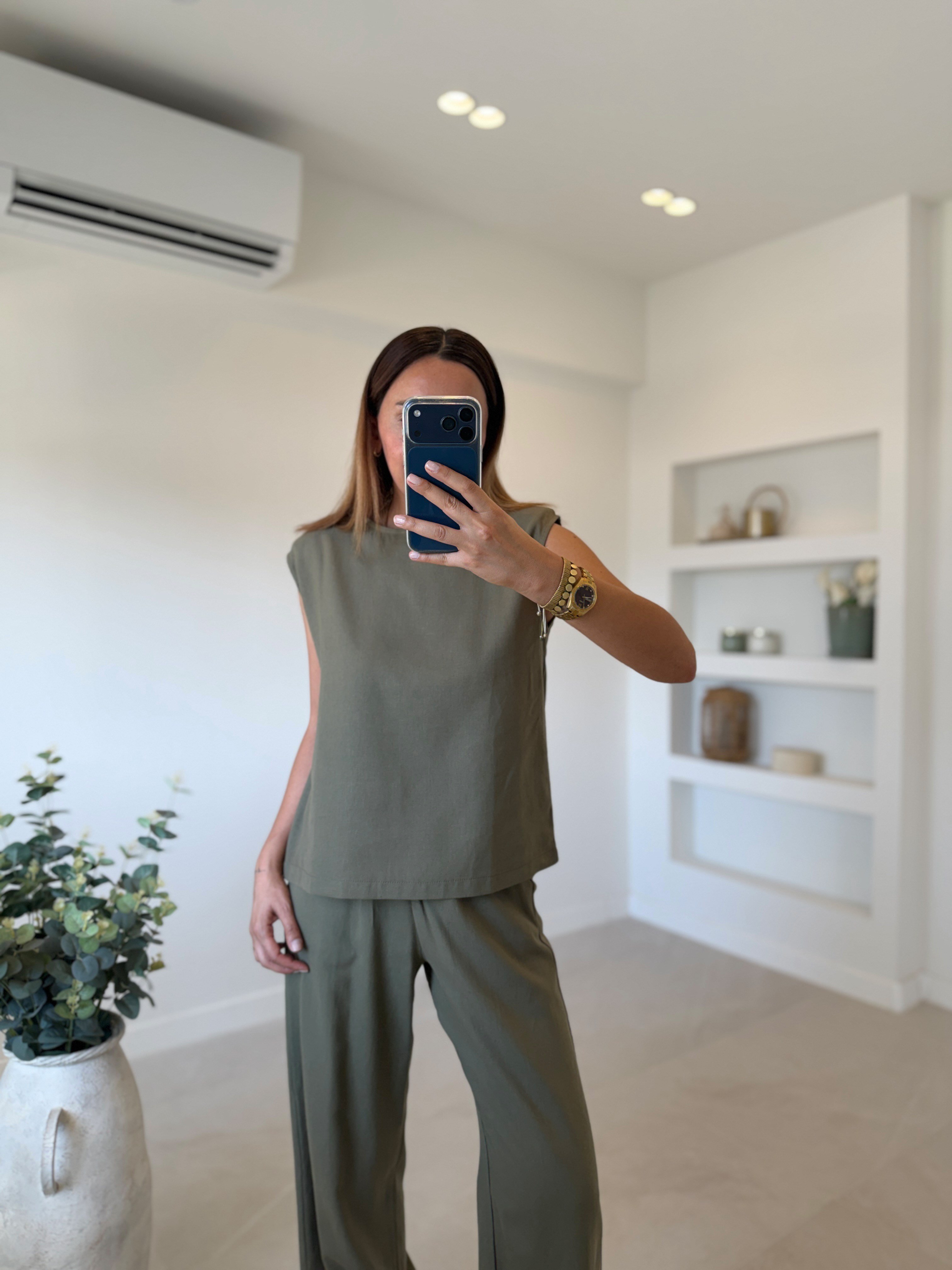 4685 Haki Keten Vatkalı Bluz Pantolon Takım