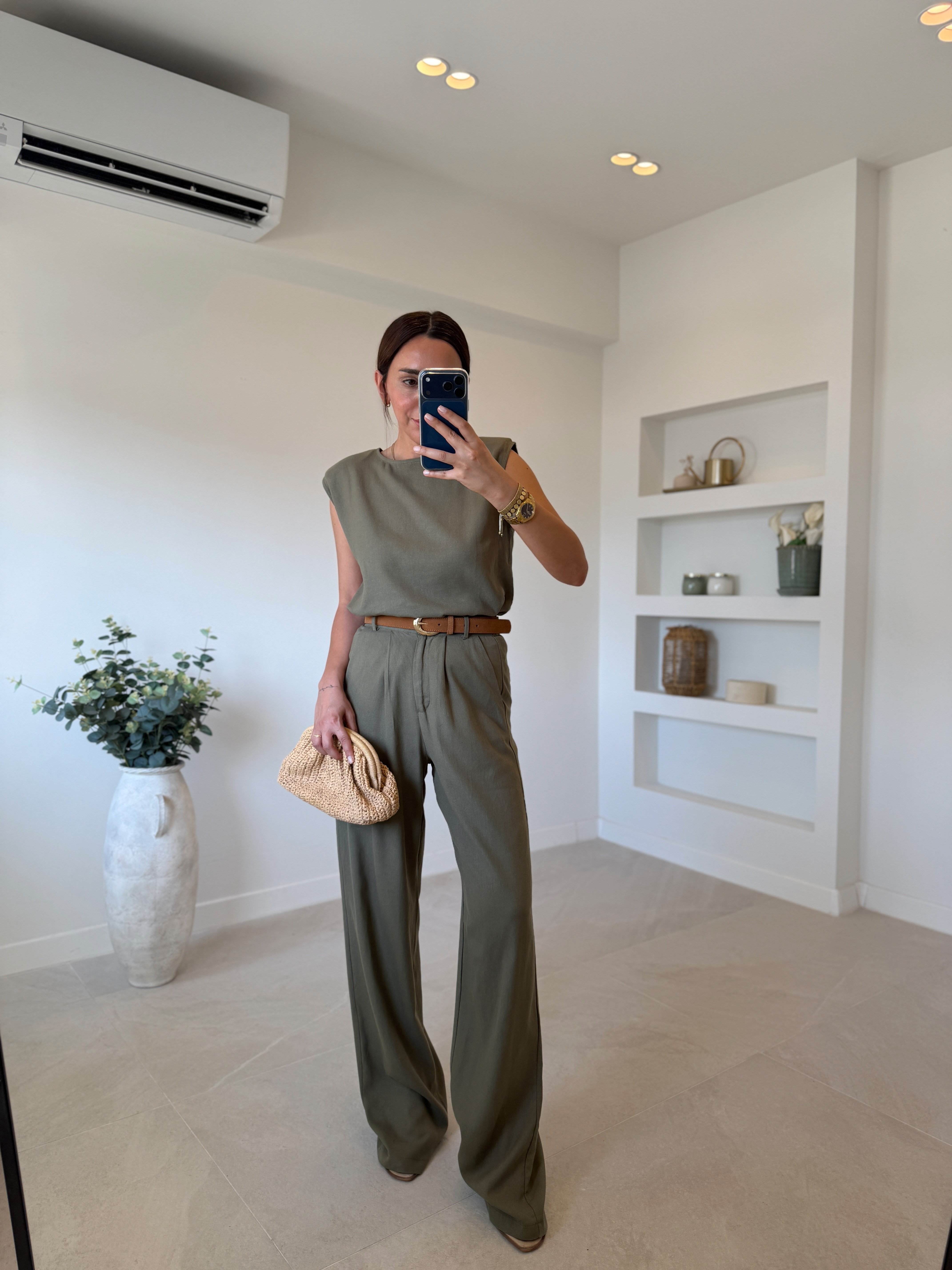 4685 Haki Keten Vatkalı Bluz Pantolon Takım