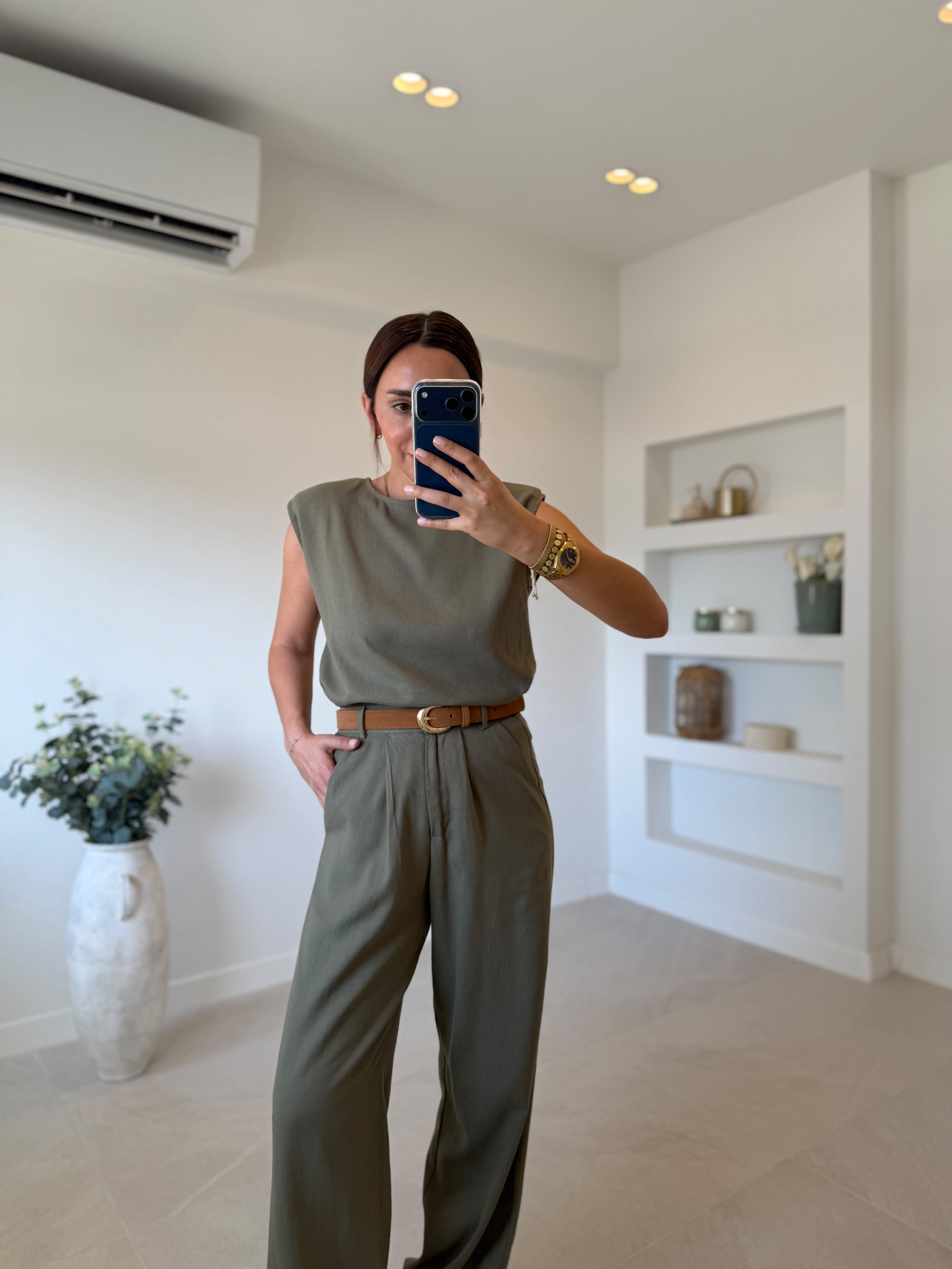 4685 Haki Keten Vatkalı Bluz Pantolon Takım