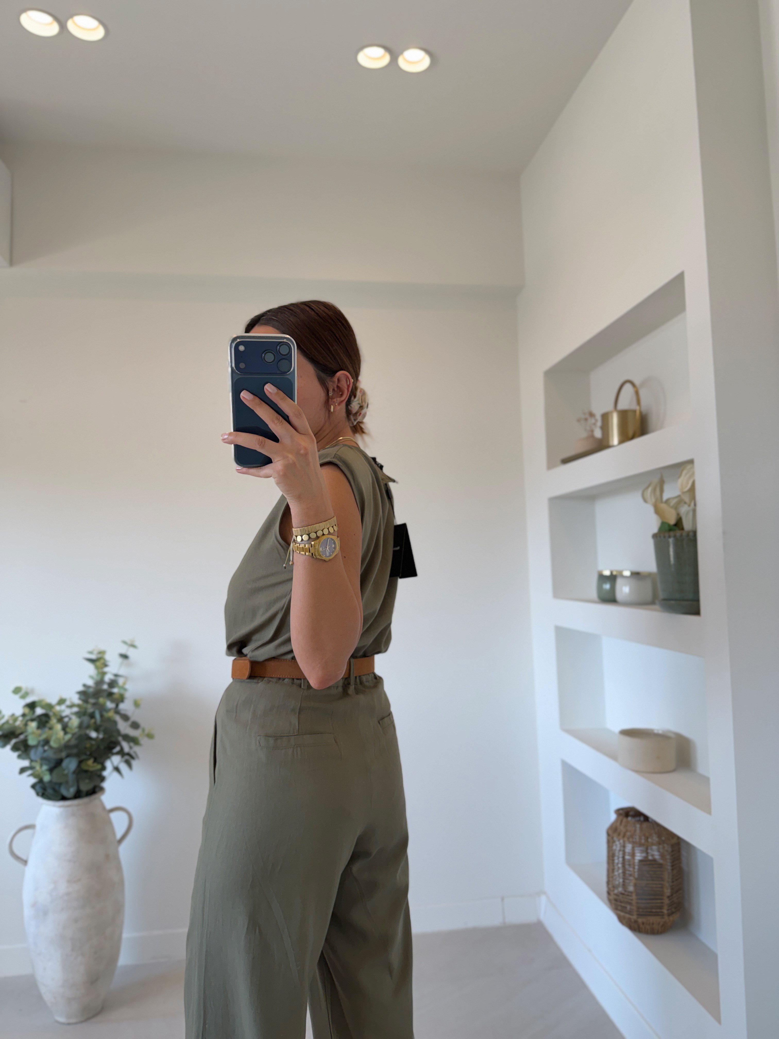 4685 Haki Keten Vatkalı Bluz Pantolon Takım